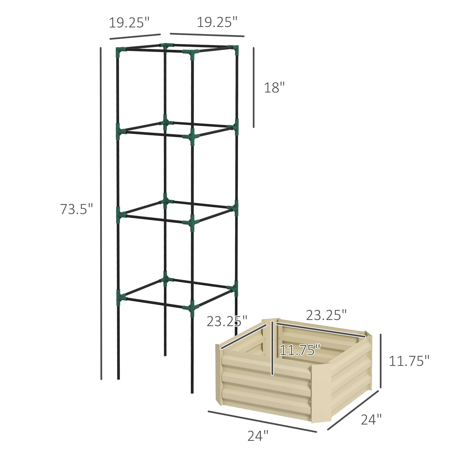 Galvanized Planter Box, 24" x 24" x 73.5" Raised Garden Bed with Tomato Cage for Climbing Vines, Cream