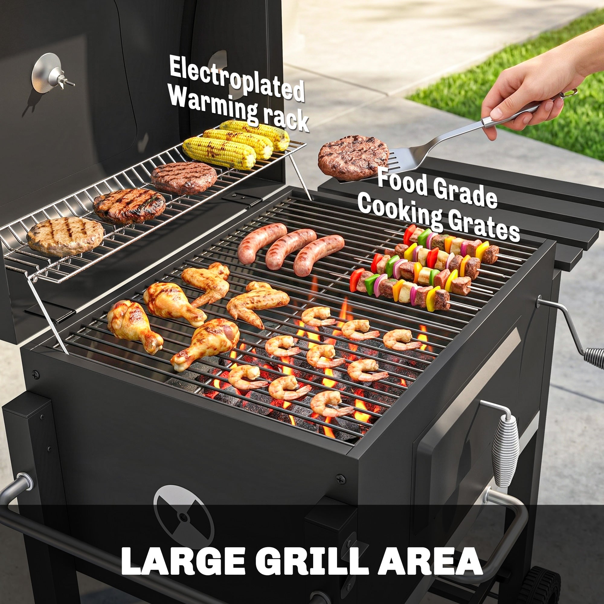 Charcoal BBQ Grill and Smoker Combo Outdoor Portable Trolley Camping Picnic Backyard with Side Shelf, Black