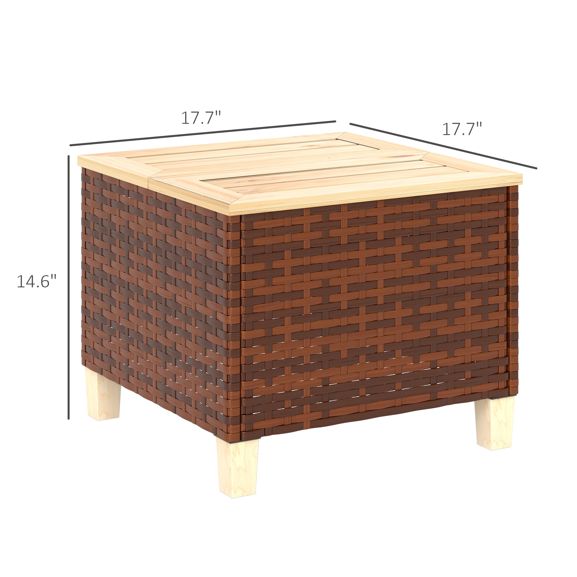 Outdoor Side Table with PE Rattan, Patio End Table with Natural Fir Wood Tabletop and Legs, Weather Resistant Accent Table for Patio Pool Porch, Brown