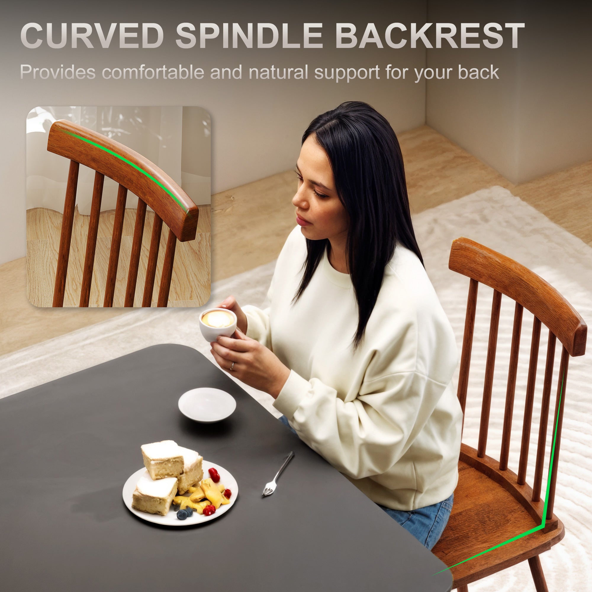 Dining Chairs Set of 2, Farmhouse Wood Kitchen Chairs with Rubber Wood Frame, Spindle Back for Dining Room, Light Brown