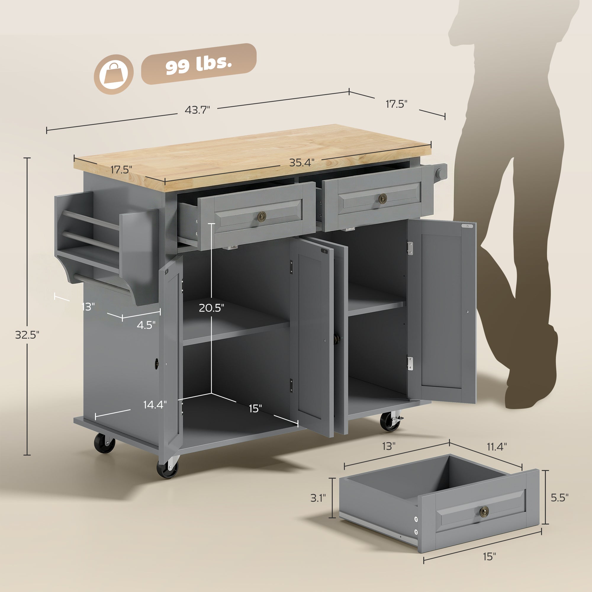 44" Mobile Kitchen Island Table, Kitchen Island Cart on Wheels with Storage Cabinets, 2 Drawers, Gray