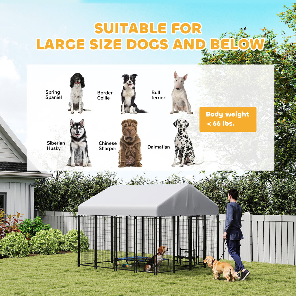 Outdoor Dog Kennel with Roof, 8' x 8' x 6' Heavy Duty Welded Wire Dog Playpen Enclosure with Escape-proof Lock