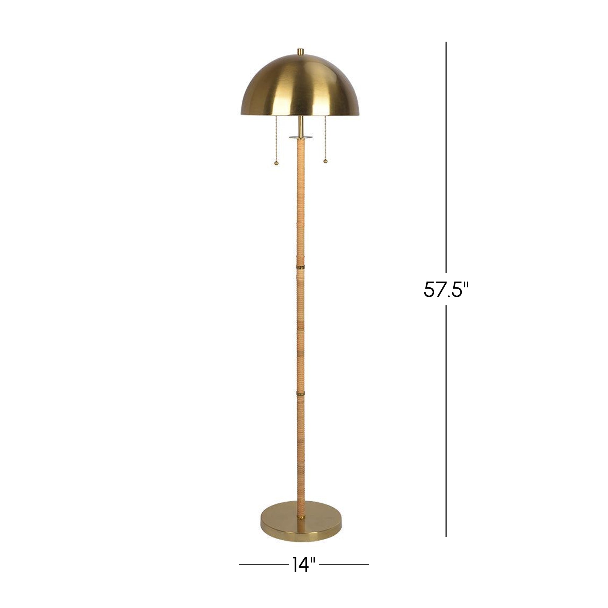 Allure 2-Light Floor Lamp with Double On/Off Pull Chain, Elegant Gold Brass and Natural Rattan Tube, 14" L x 14" W x 57.5" H, Gold