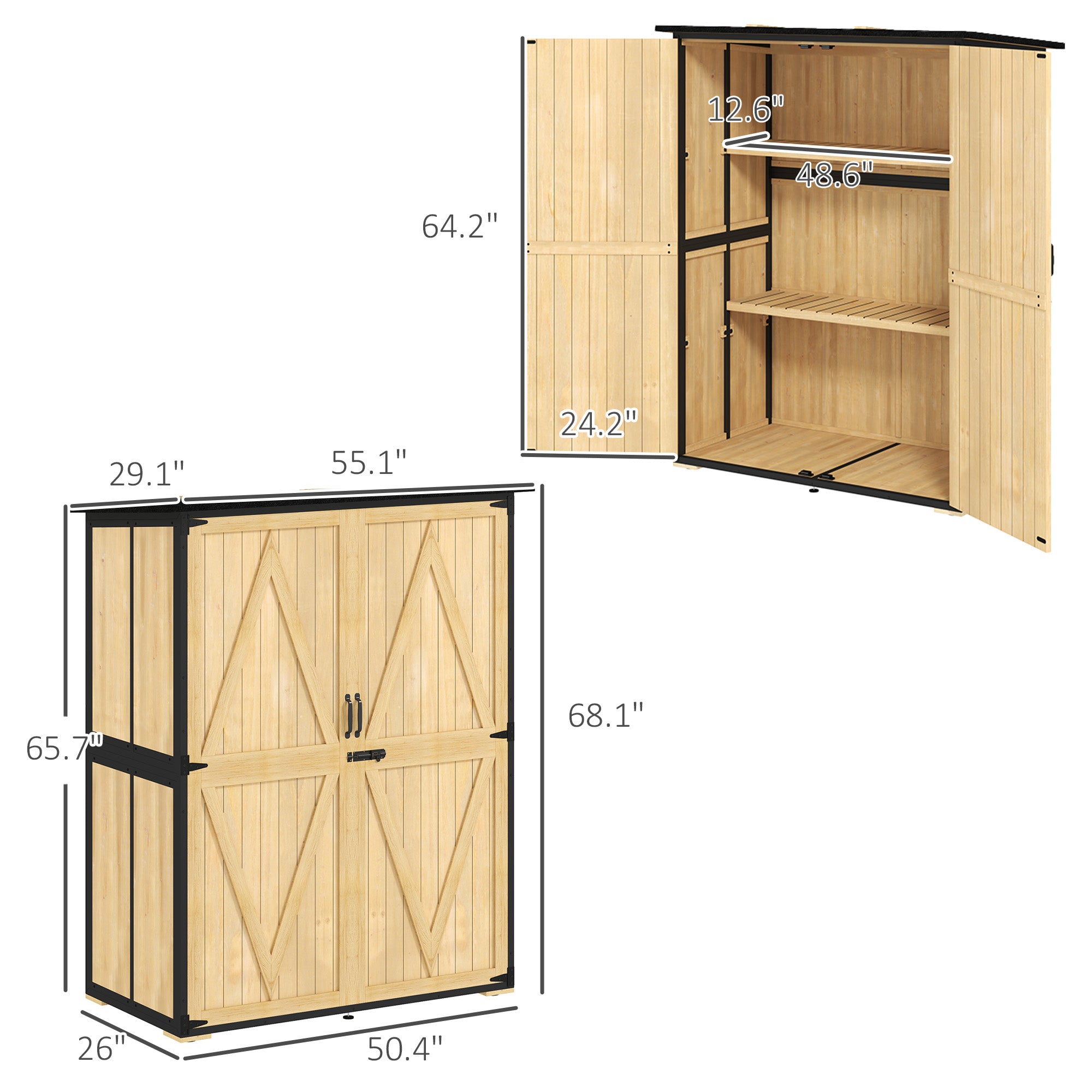 Wood Storage Shed, Outdoor Garden Shed with Asphalt Roof, 2 Shelves, Lockable Doors and Adjustable Feet, Natural