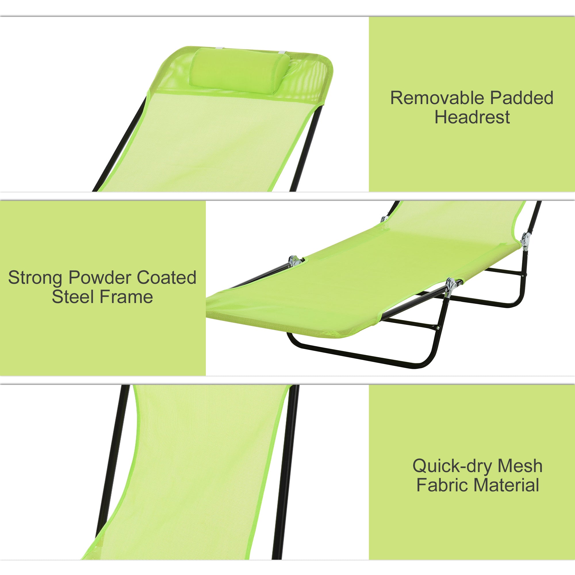 Folding Chaise Lounge Chair, Pool Sun Tanning Chair, Outdoor Lounge Chair with Reclining Back, Breathable Mesh Seat, Headrest for Beach, Yard, Patio, Green
