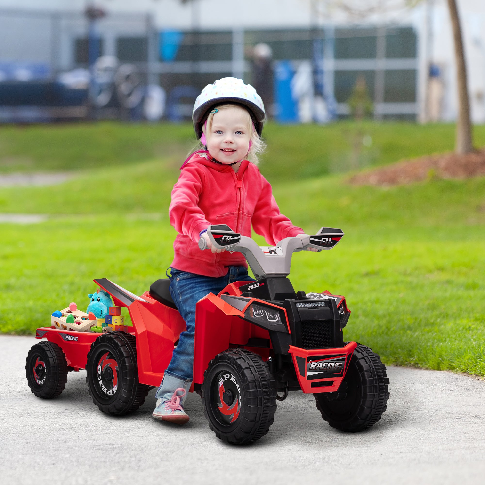 6V Electric Toy Car with Back Trailer, Forward Backward, Wear-Resistant Wheels for Ages 18-36 Months, Red