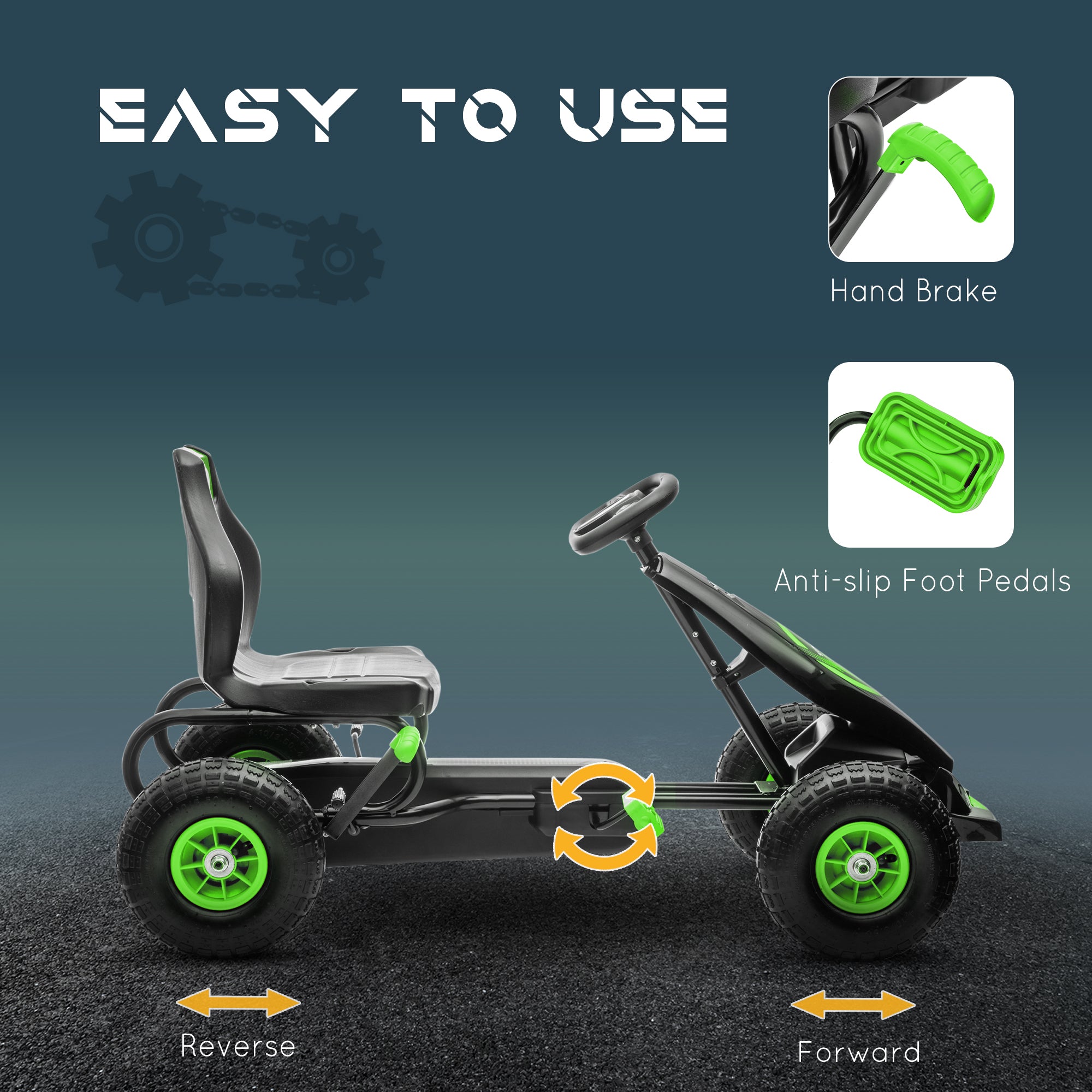 Ergonomic Pedal Go Kart Kids Ride-on Toy with Tough, Wear-Resistant Tread for Boys & Girls, Ages 5-12, Green