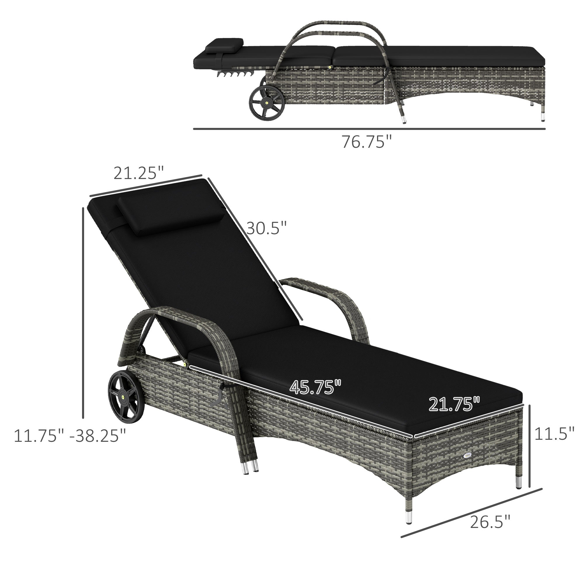 2 Reclining Chaise Lounge Chairs, Rolling Outdoor Chairs with Cushion, Pillow, Headrest, Armrests, and Wheels, Black