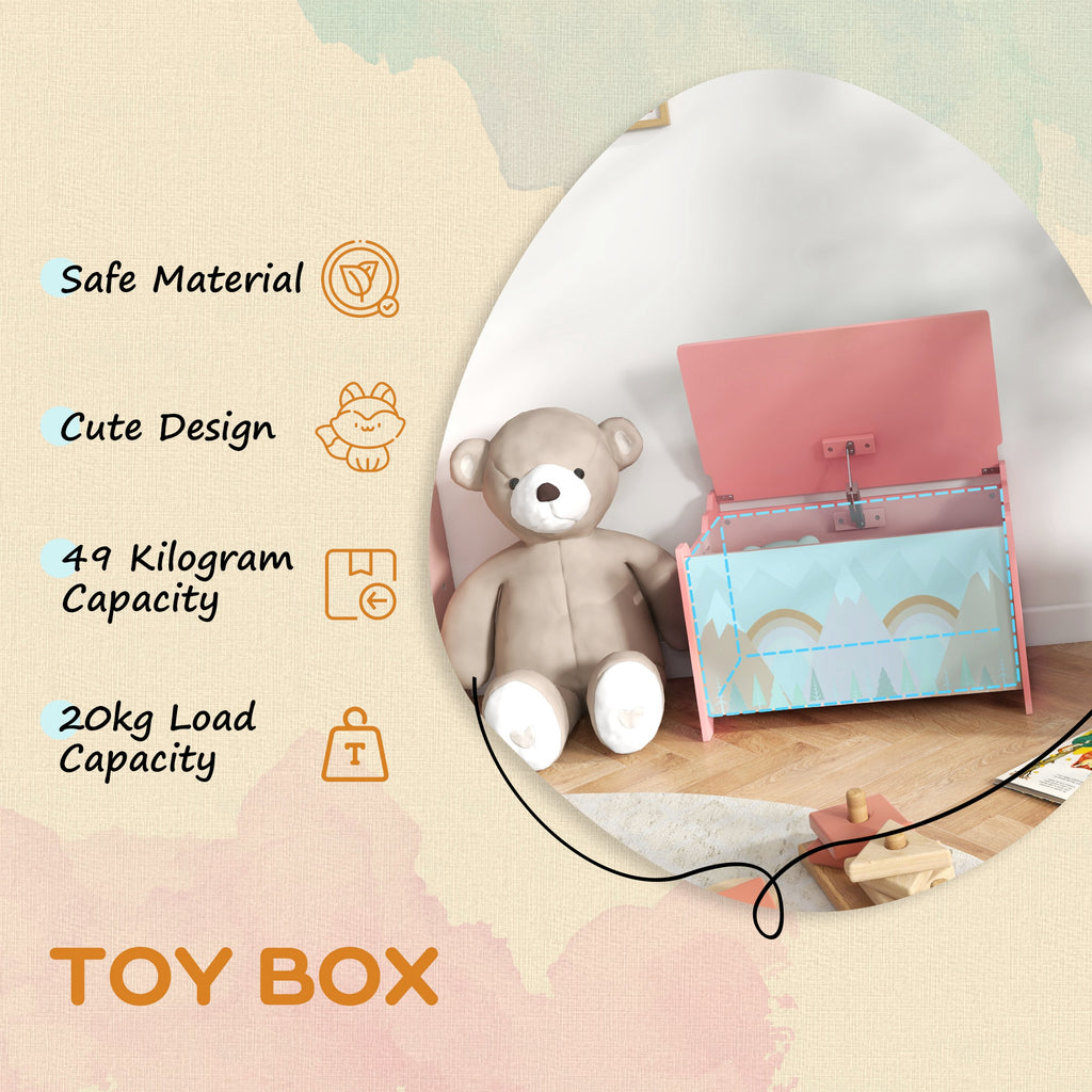 Toy Box with Lid and Kids Easel with Paper Roll, Blackboard, Whiteboard, Cute Fox Design, for Ages 3-8 Years, Pink