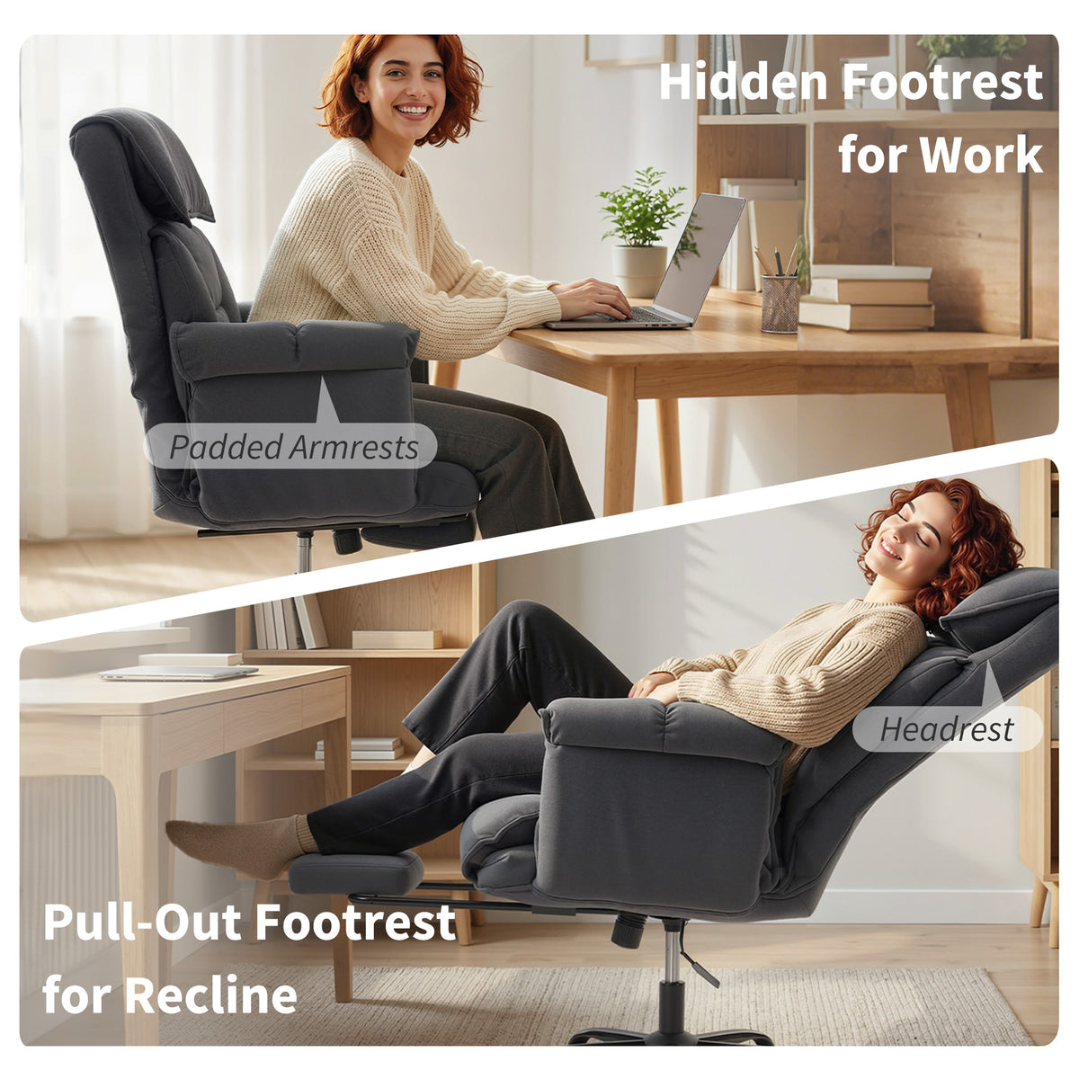 High Back Office Chair, Reclining Desk Chair with Footrest, High Resilience Foam, Rolling Wheels, Dark Gray