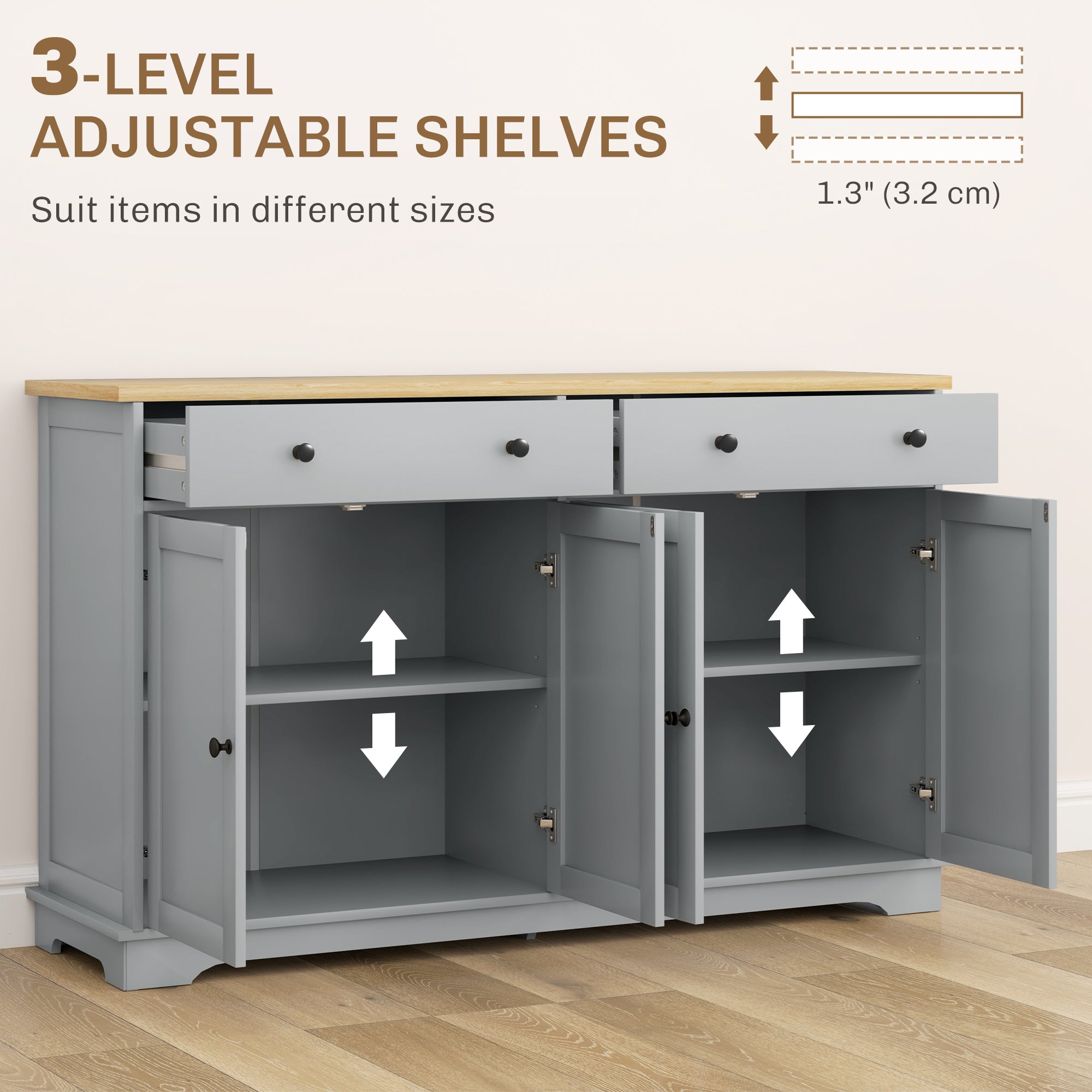 Modern Sideboard, Buffet Cabinet with Storage Drawers, Adjustable Shelves for Living Room, Dining Room, Entryway, Gray