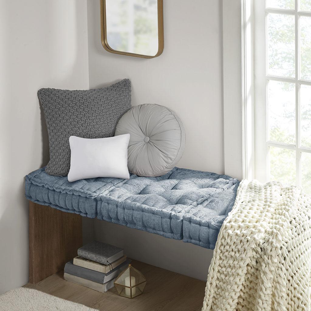 Textured Chenille Square Floor Pillow Cushion with 100% Hypoallergenic Polyester, Tufted Detailing, Scalloped Edge, 20" L x 20" W x 5" H, Aqua