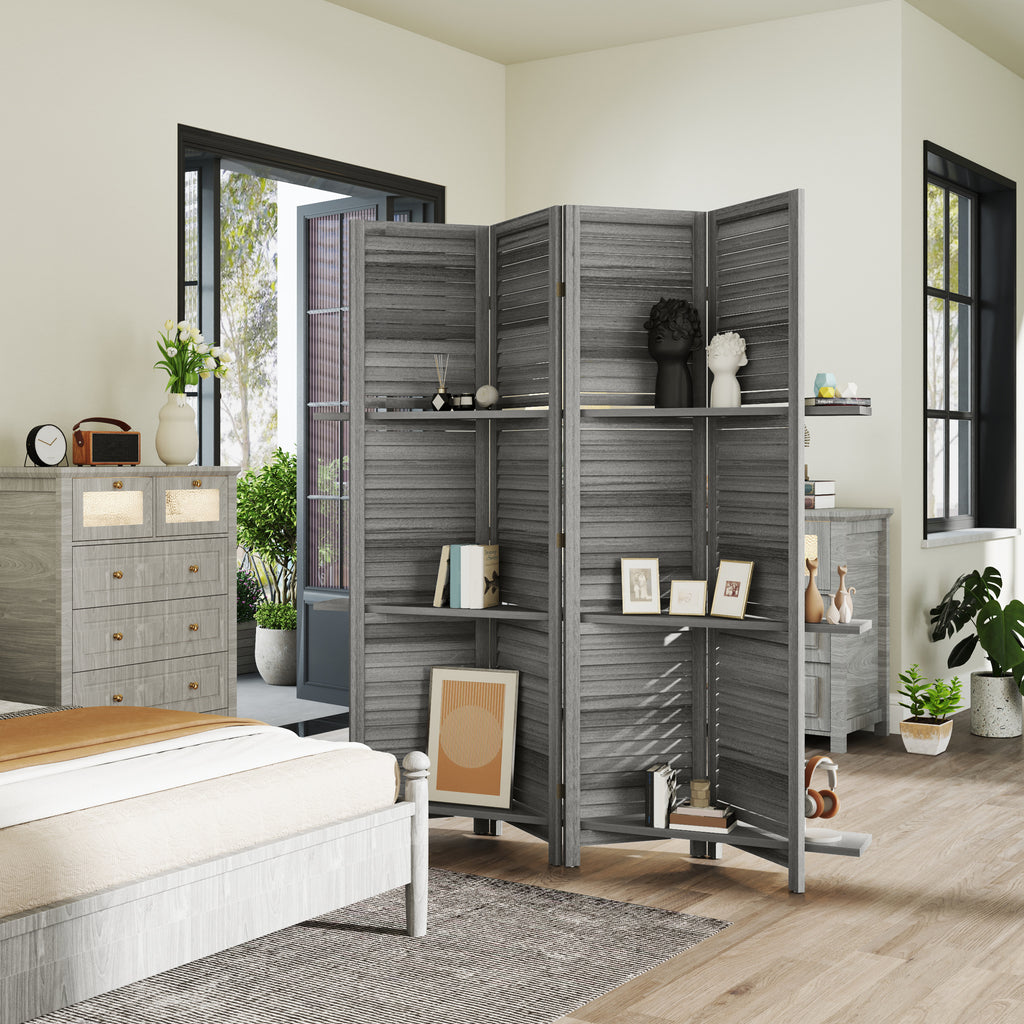 4 Panel 67" Tall Wood Privacy Screen Room Divider with 3 Shelves and Folding Storage for Bedroom, Gray