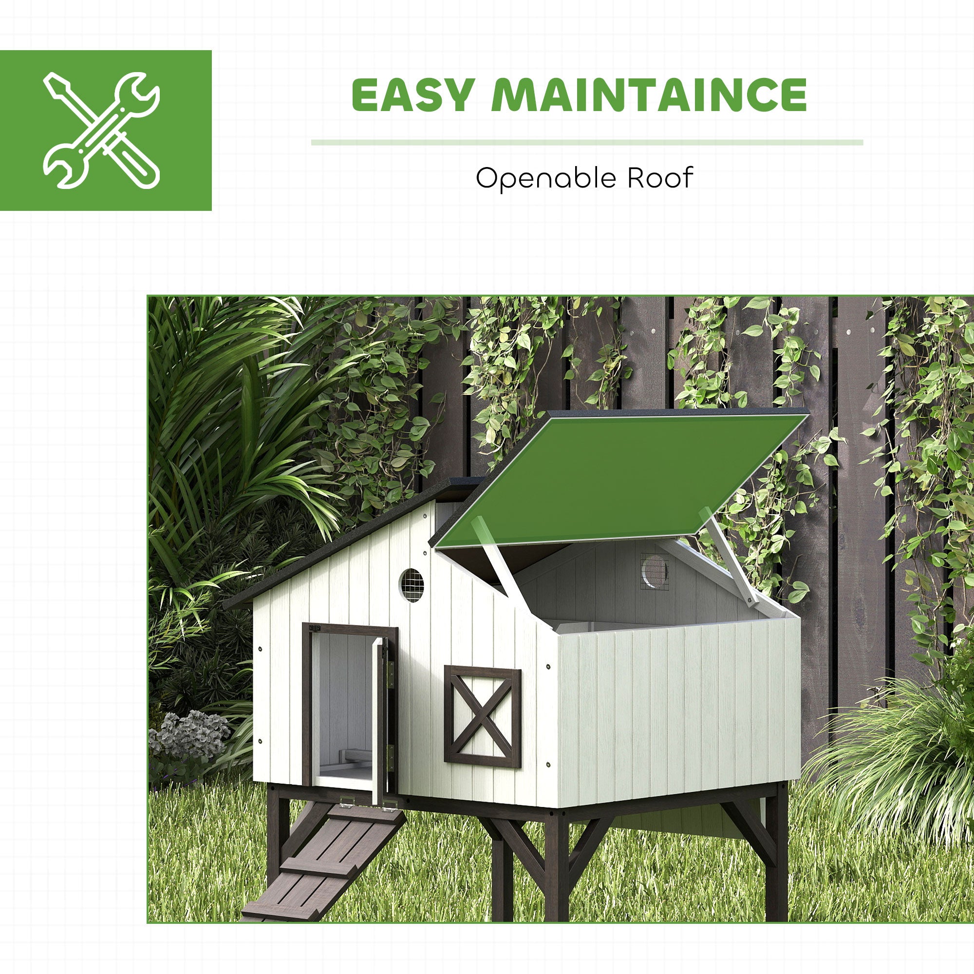 Chicken Coop Hen House with Nesting Box, Elevated Rabbit Hutch with Ramp, Asphalt Openable Roof and Elevated Legs