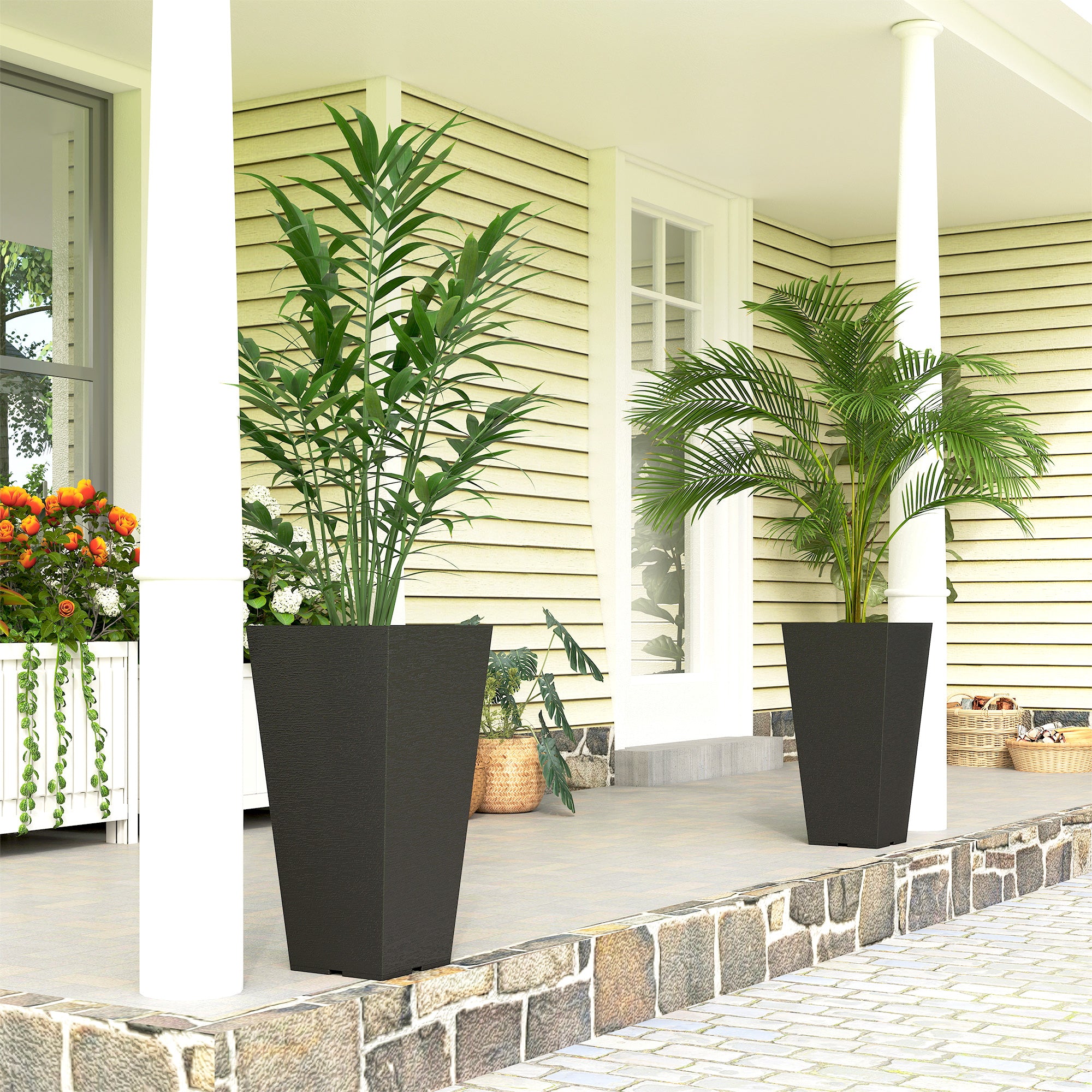23 Inch Tall Planters for Outdoor Plants, Set of 2 Plastic Flower Pots, for Front Door Patio Garden Use, Black
