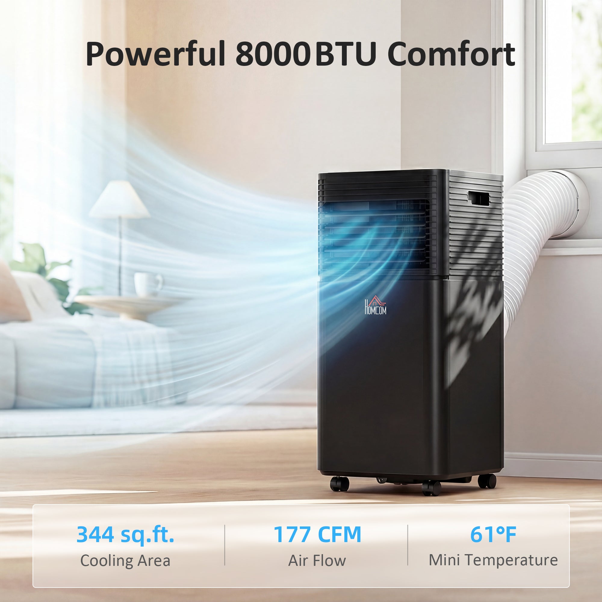 8000 BTU Portable Air Conditioner with Dehumidifier, Cooling Fan, Sleep, Remote, 24H Timer, Auto Off, Black
