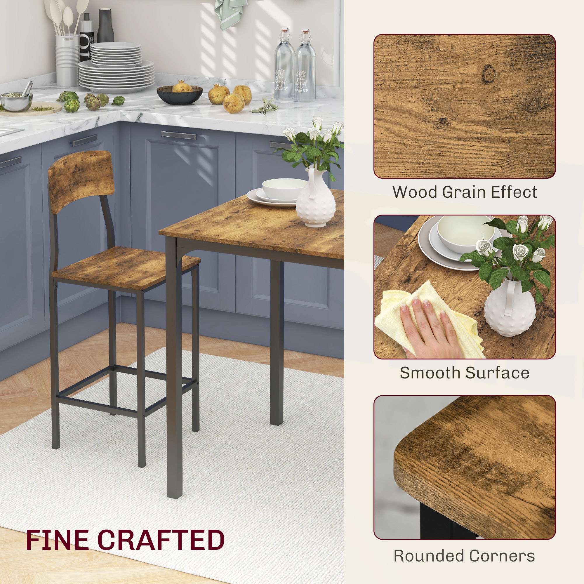 3 Piece Pub Table and Chairs, Small Kitchen Table and Chairs, Square Dining Table with 2 Stools, Rustic Brown and Black