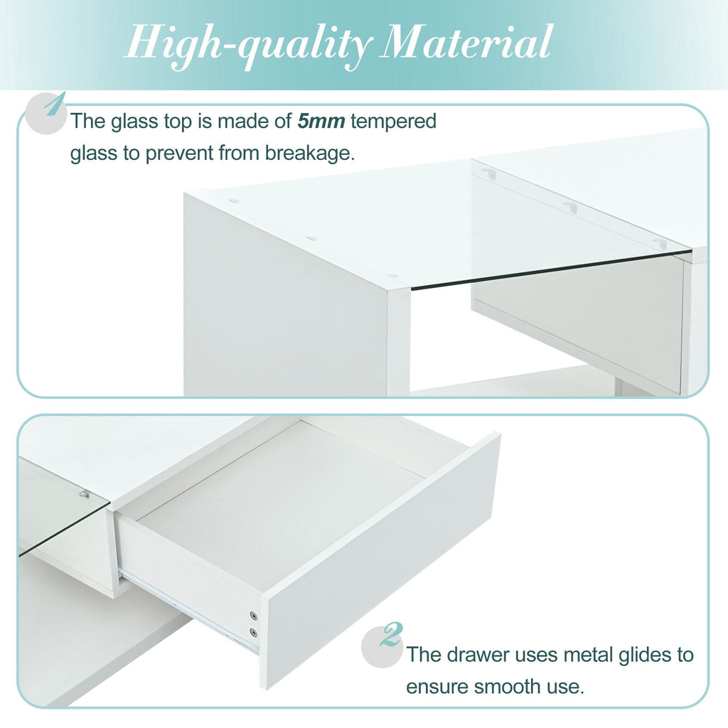 Modern Coffee Table with Tempered Glass, Wooden Cocktail Table with High-Gloss UV Surface, 2-Tier Rectangle Center Table for Living Room, White