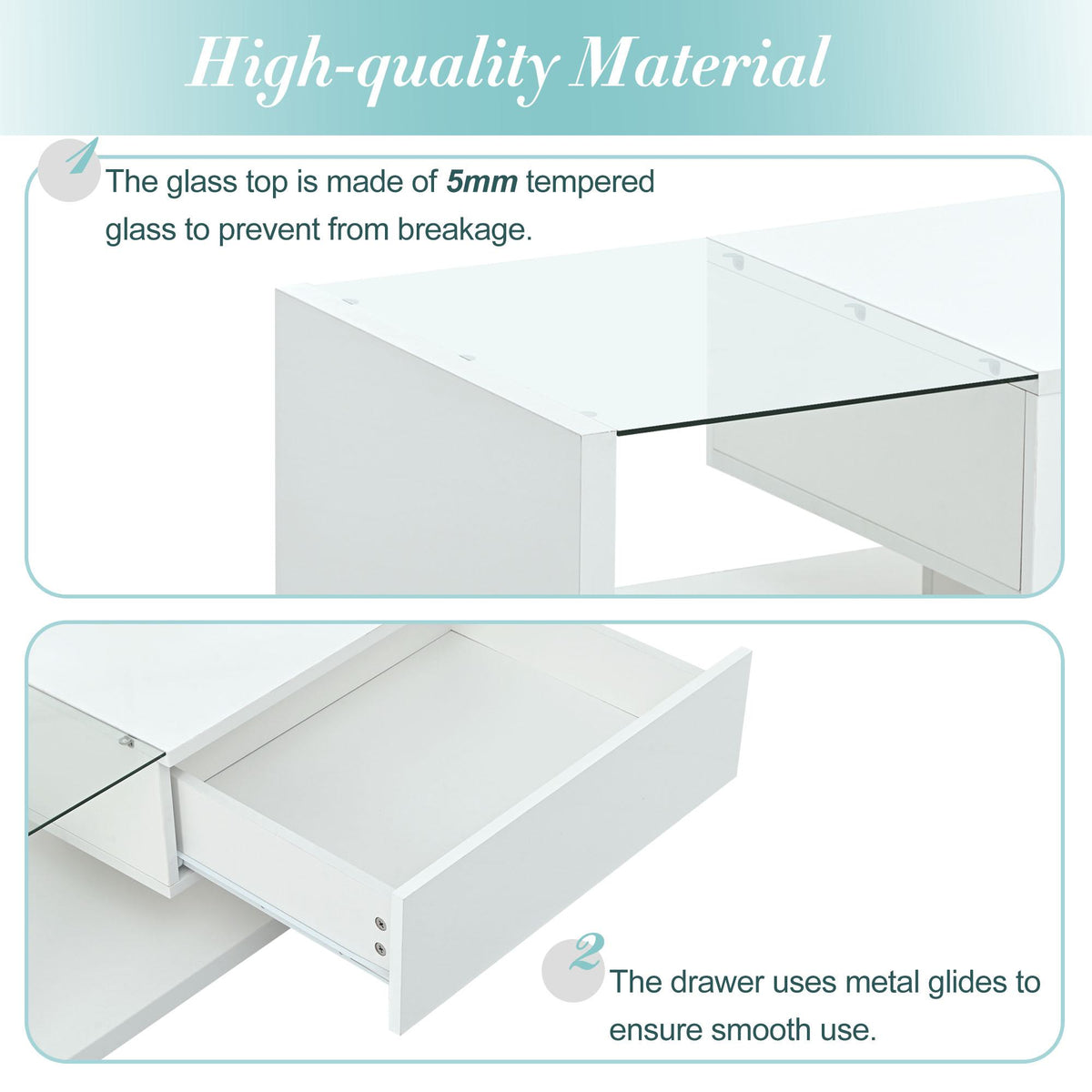 Modern Coffee Table with Tempered Glass, Wooden Cocktail Table with High-Gloss UV Surface, 2-Tier Rectangle Center Table for Living Room, White