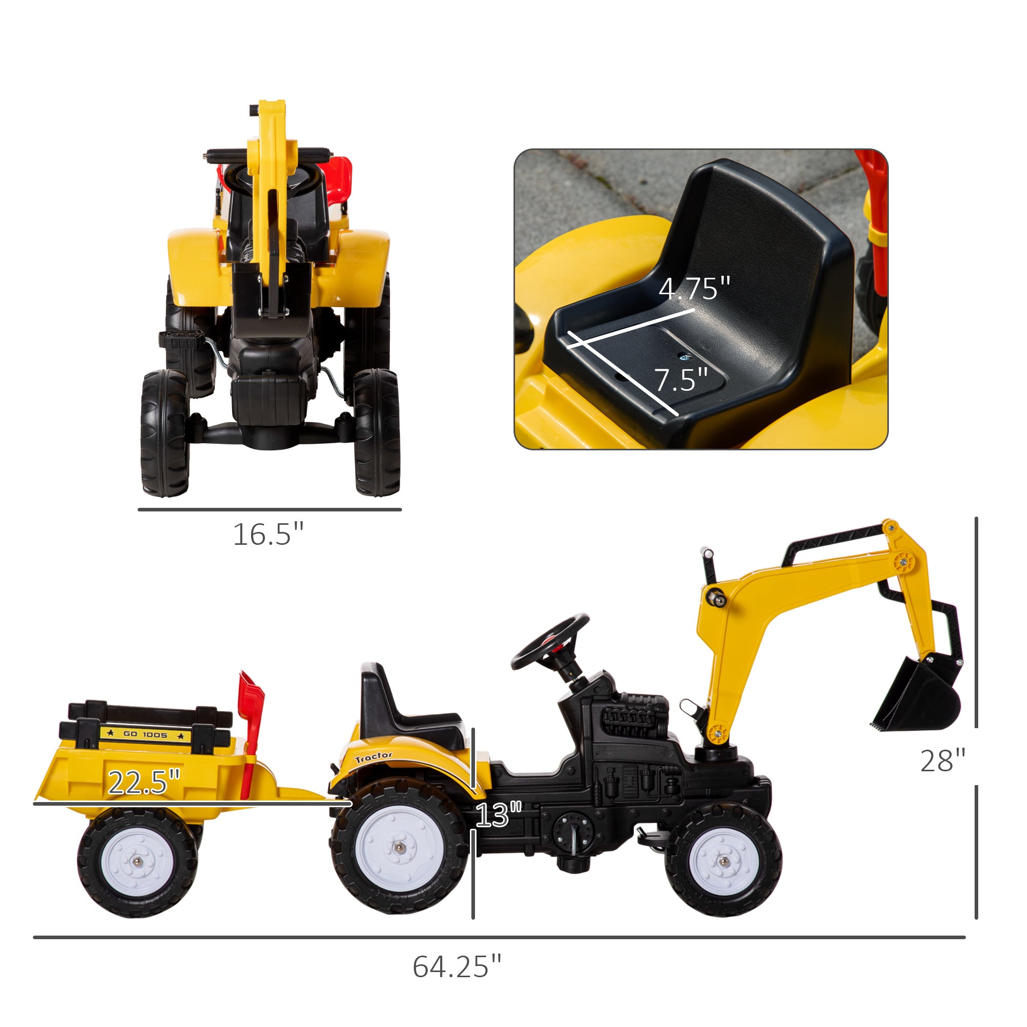 Digger Ride-on Truck Kids Car with Horn, Excavator Ride-on Toy, Imaginative Toy Construction Car, 6 Wheels & Detachable Trailer, Yellow