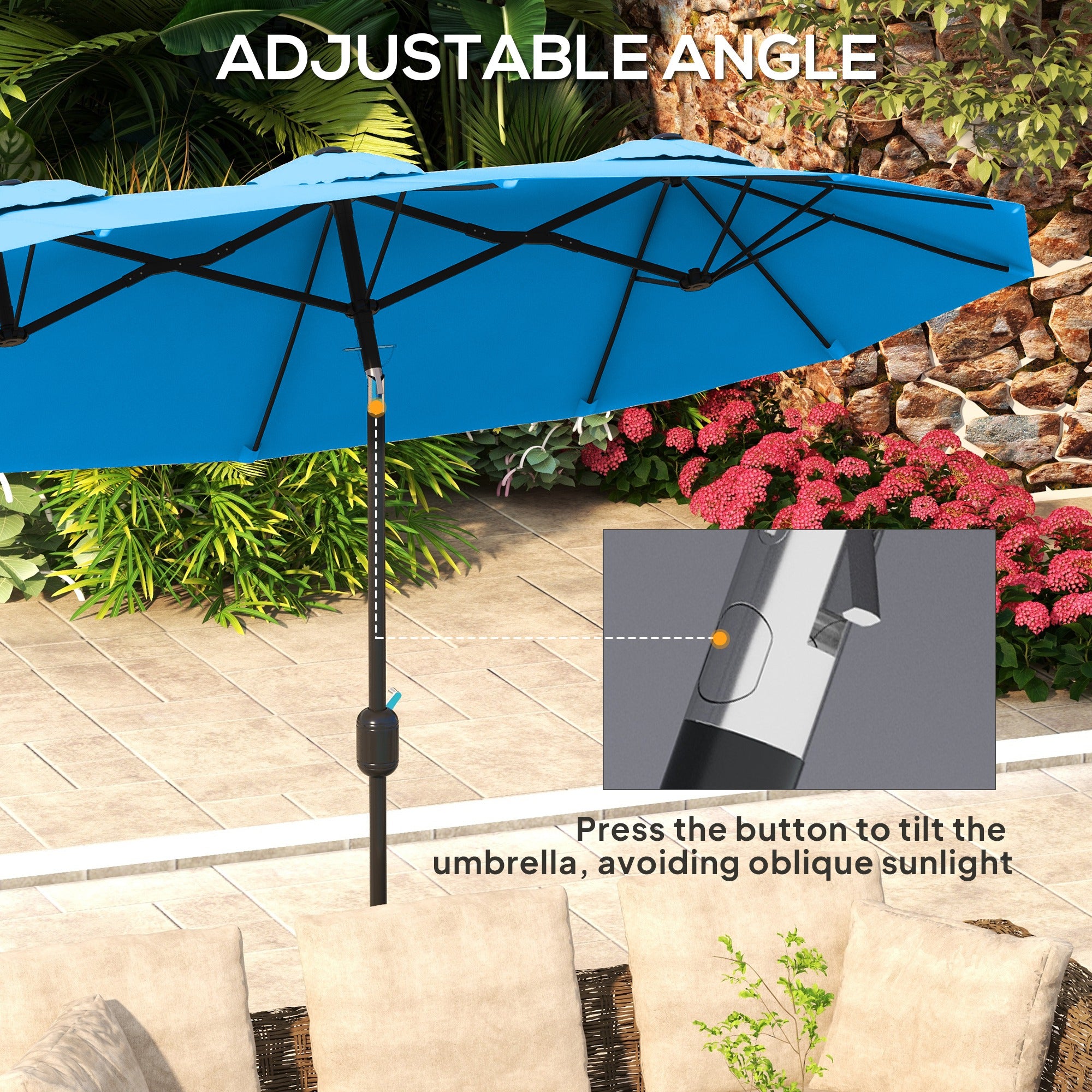 Double-sided Patio Umbrella, 9.5' Outdoor Umbrella with Push Button Tilt and Crank, 3 Air Vents and 12 Ribs, Cyan Blue
