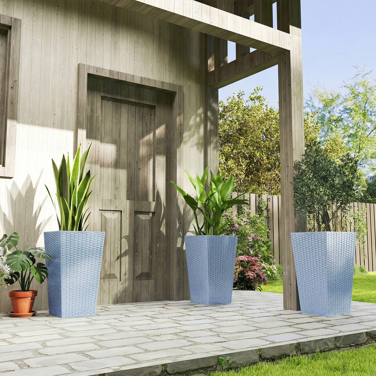 Tall Planters for Outdoor Plants Set of 3, 24 In Taper Planters with Drainage Holes, Rattan Decor Plant Pots, Light Gray
