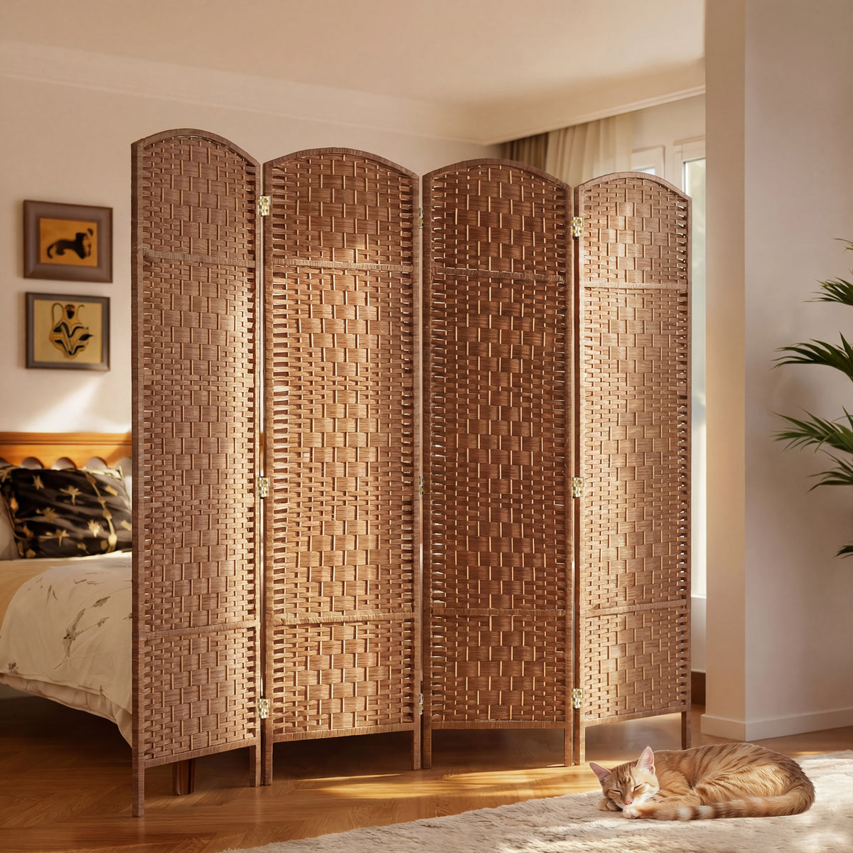Room Divider 4 Panel, 6FT Tall Folding Privacy Screen, Freestanding Hand-Woven Partition for Room Separation with 360° Hinges, Paper Rope Diamond Weave, Natural