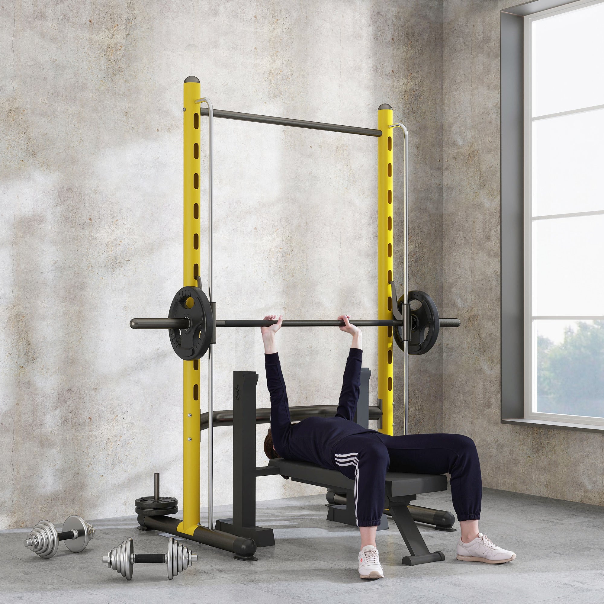 Squat Rack with Pull Up Bar and Barbell Bar Adjustable Bench Press Multi-Function Weight Lifting Half Rack, Yellow