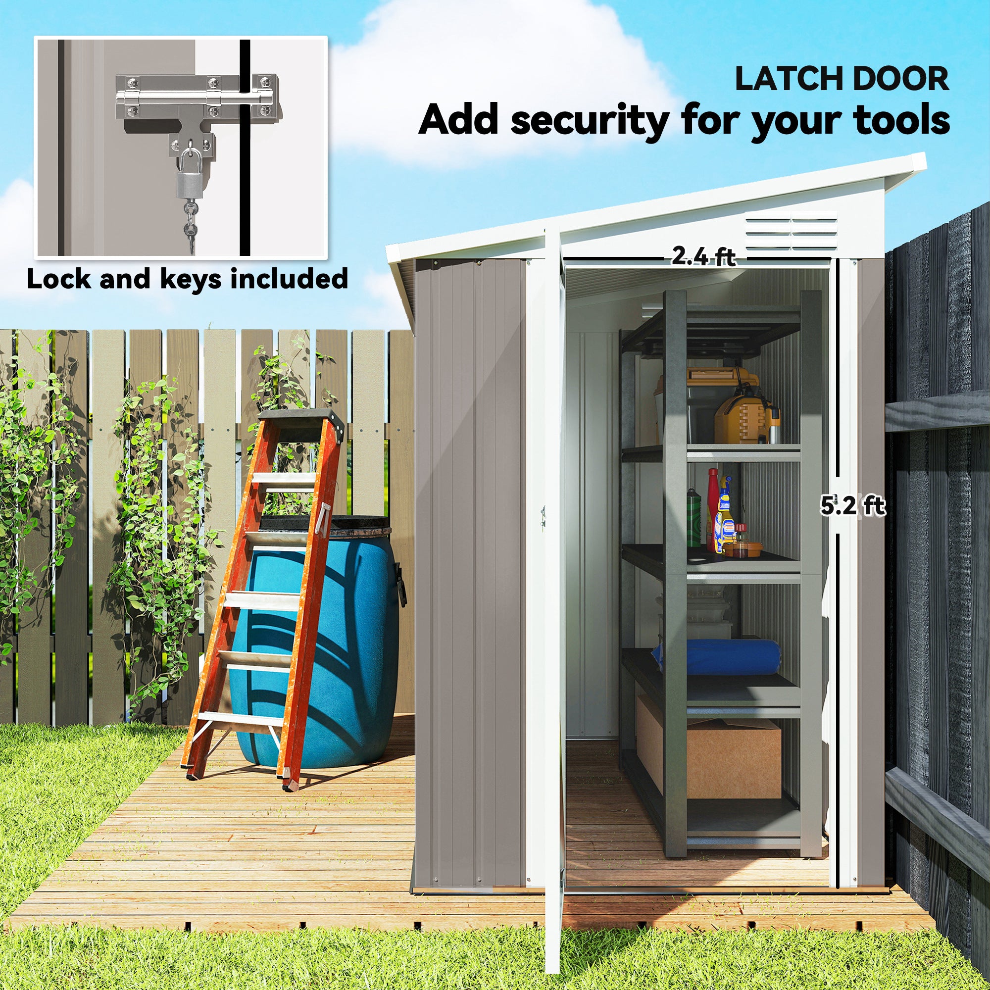 4' x 8' Lean to Garden Storage Shed, Outdoor Metal Tool House with Lockable Door Vents for Backyard Patio Lawn, Light Gray