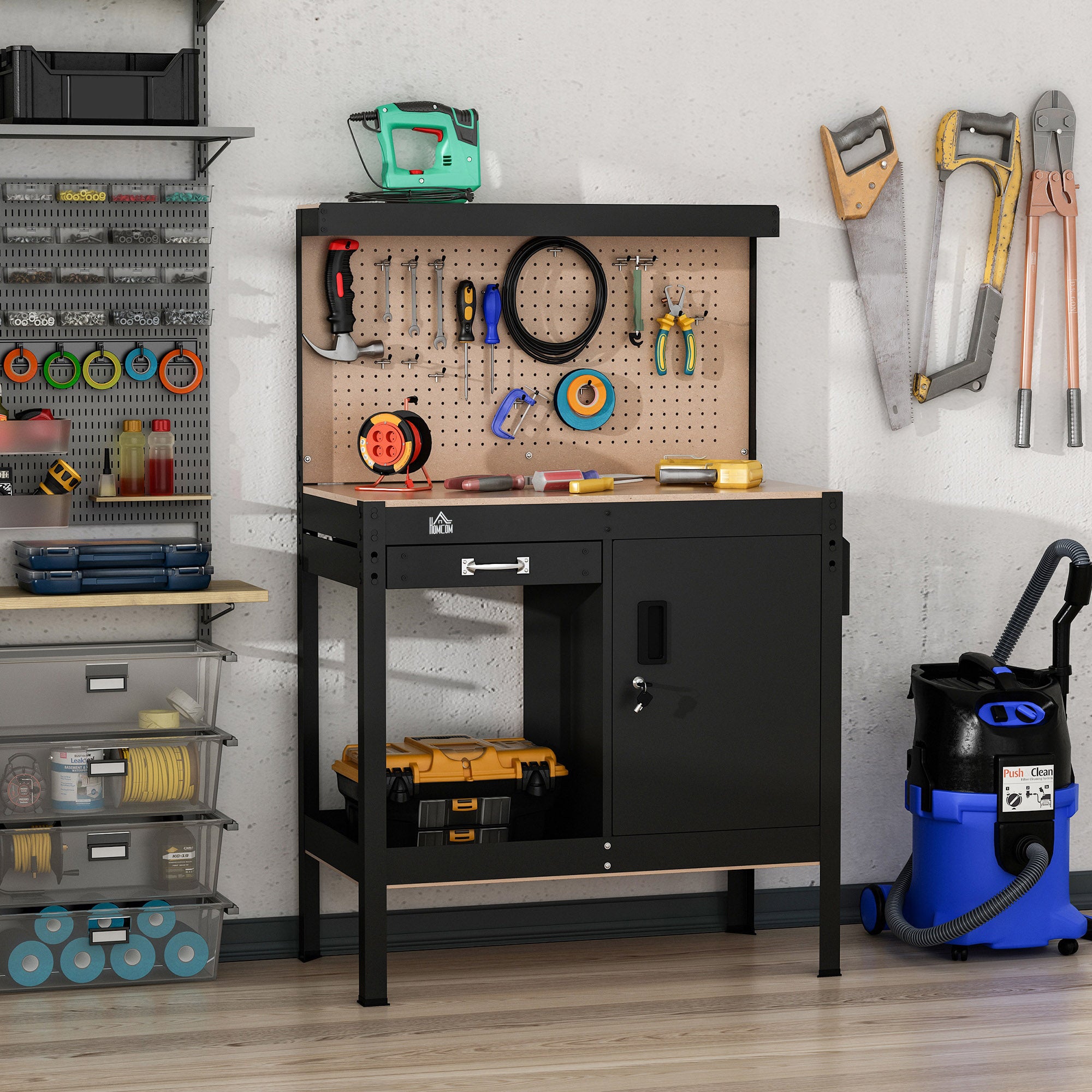Multipurpose Workbench, Workshop Tool Table with Slide Drawer, Peg Board, Storage Cabinet with Keys