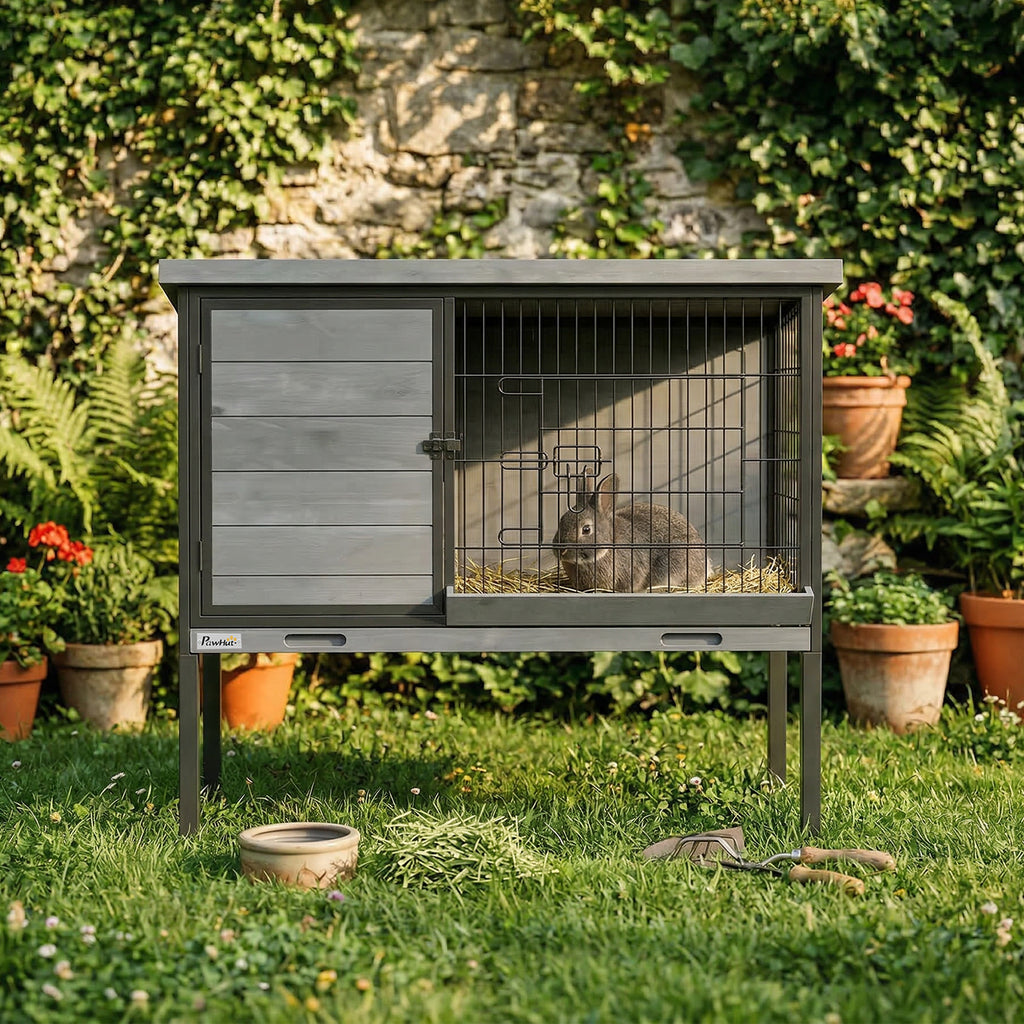 Elevated Rabbit Hutch Outdoor, Wooden Rabbit Cage Bunny House with Pull-out Tray and Openable Plastic Roof