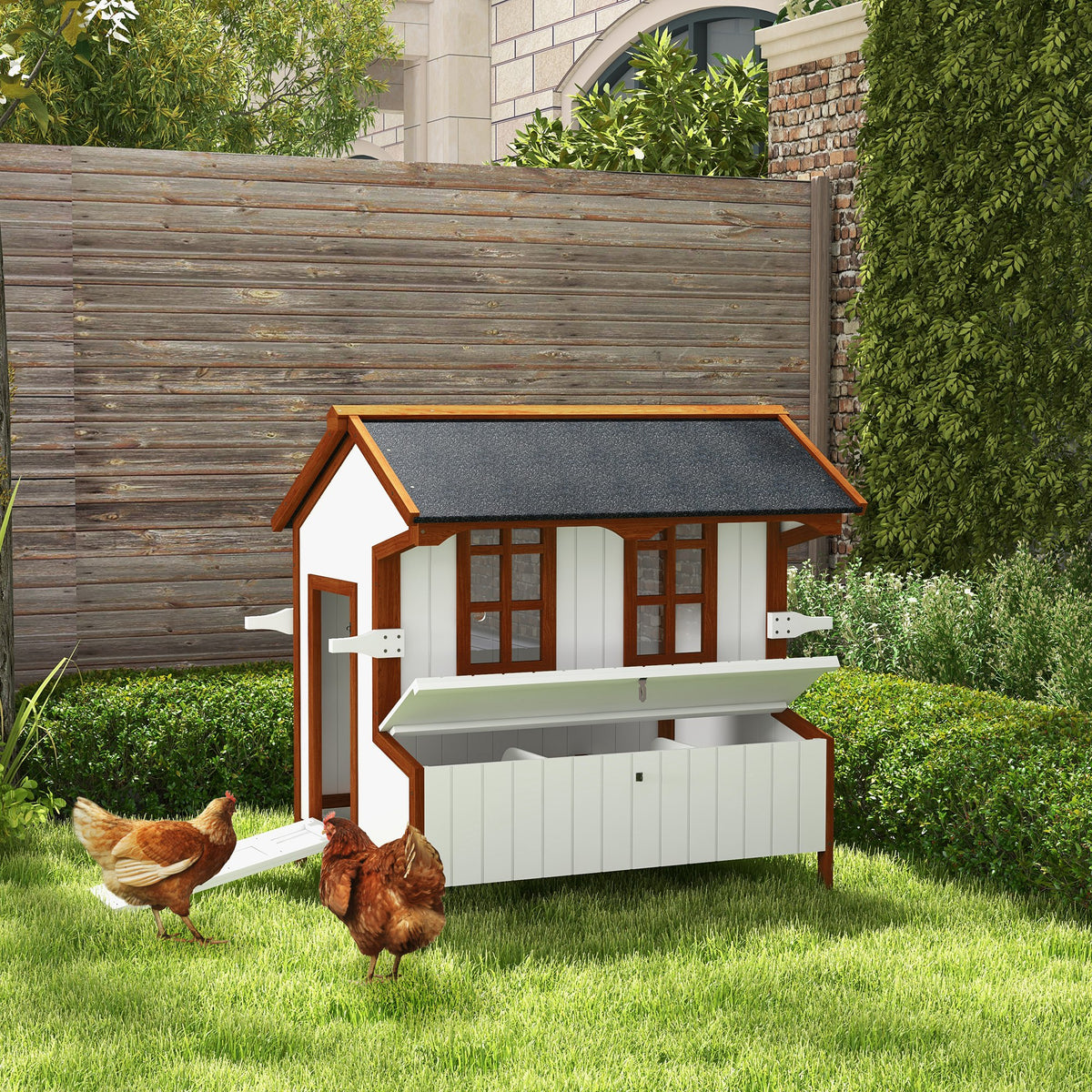 47" Chicken Coop, Wooden Chicken House Raised Rabbit Hutch with Waterproof Roof, Nesting Box and Handles for 3-5 Hens, Poultry Cage Portable Hen Pen for Backyard
