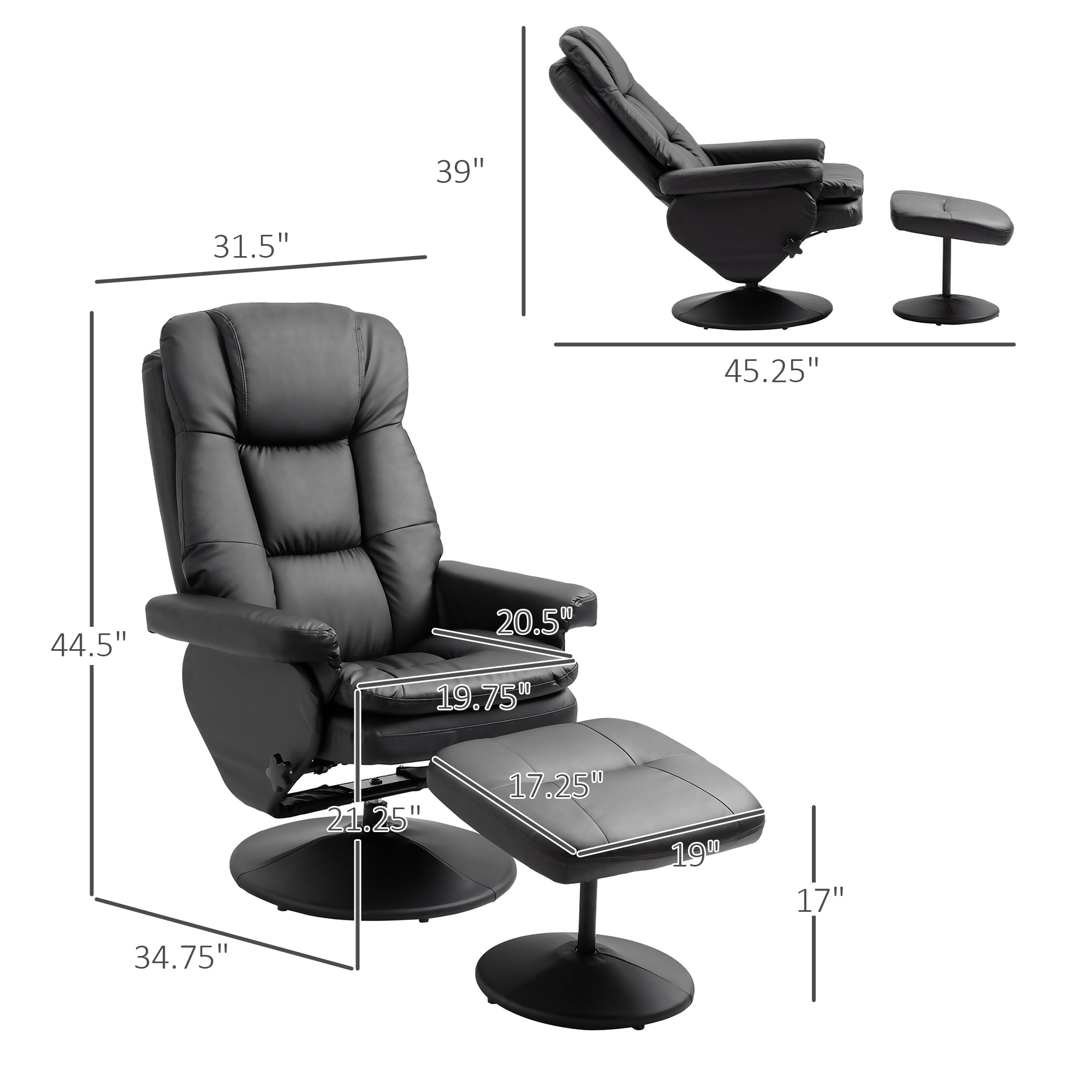 PU Leather Recliner Chair with Ottoman, Swivel Recliner and Ottoman with Round Wrapped Base for Living Room, Black