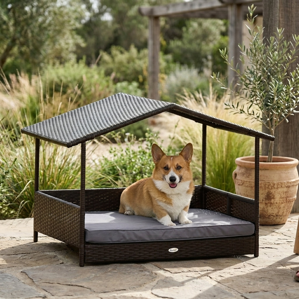 Wicker Dog House Outdoor with Canopy, Rattan Dog Bed with Water-resistant Cushion, Raised Pet Bed for Small, Medium Breeds up to 66 lbs, 20" in Length, Brown Wicker, Gray Cushion