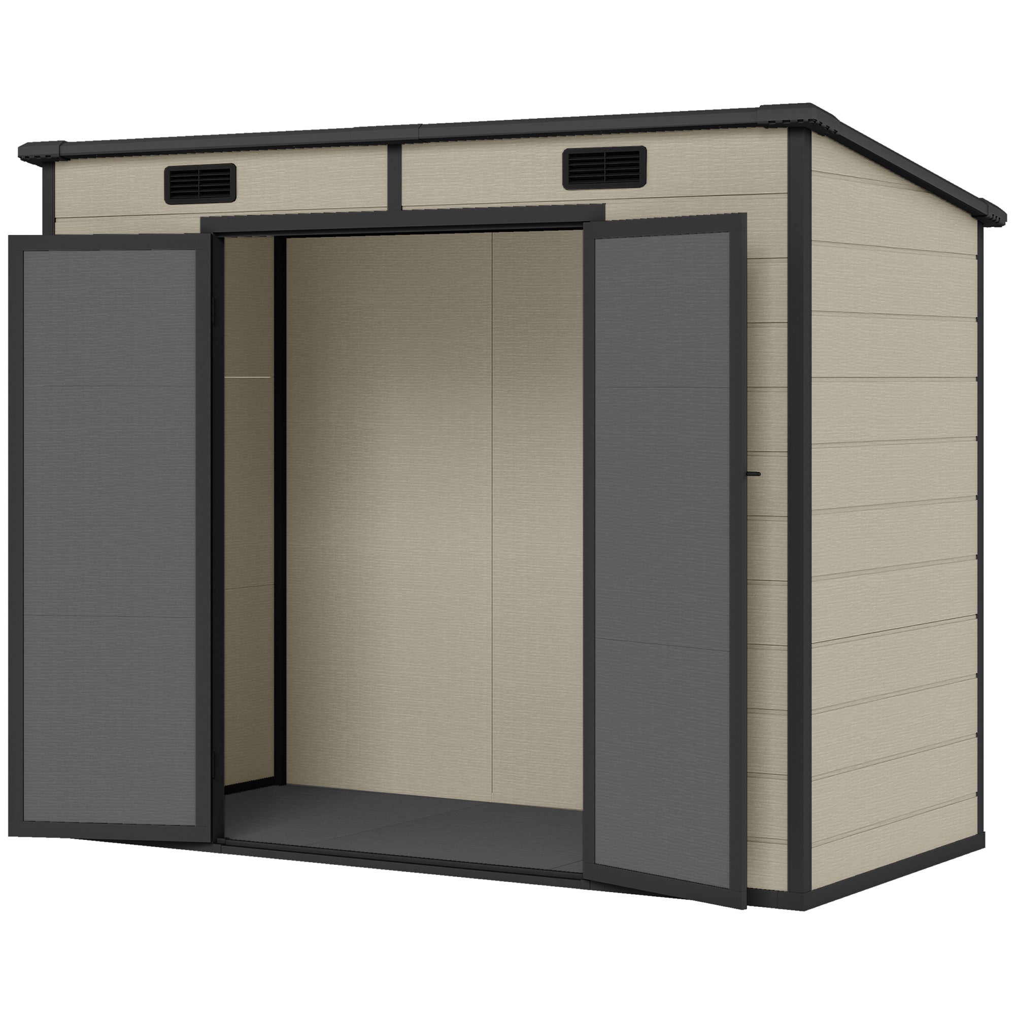 8' x 4' Plastic Outdoor Storage Shed with Floor, Window, Lockable Doors and Vents for Backyard Patio Lawn, Light Brown