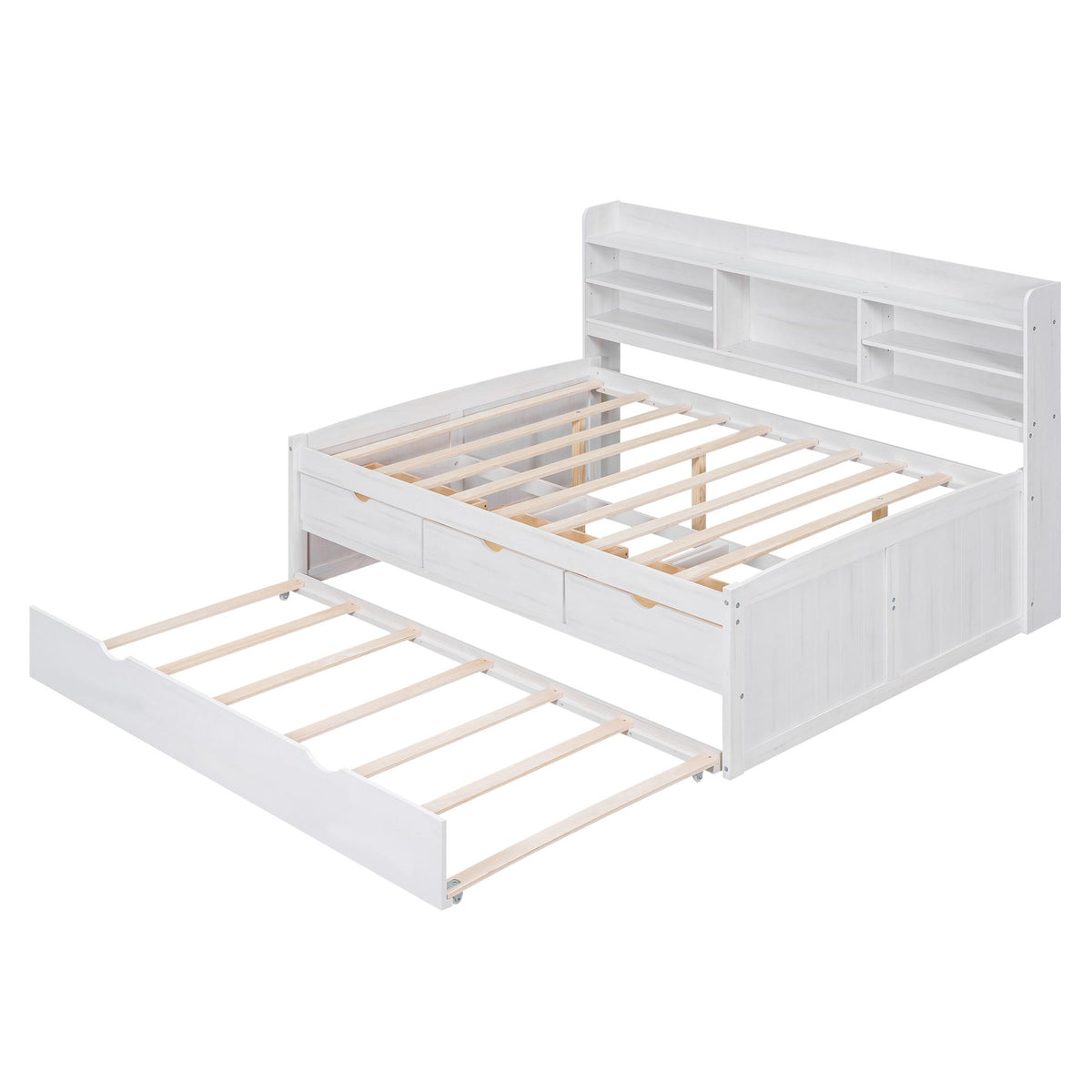 Classic Style Full Size Wooden Captain Bed with Built-in Bookshelves, 3 Storage Drawers, and Trundle, 79" L x 104.5" W x 47" H, White