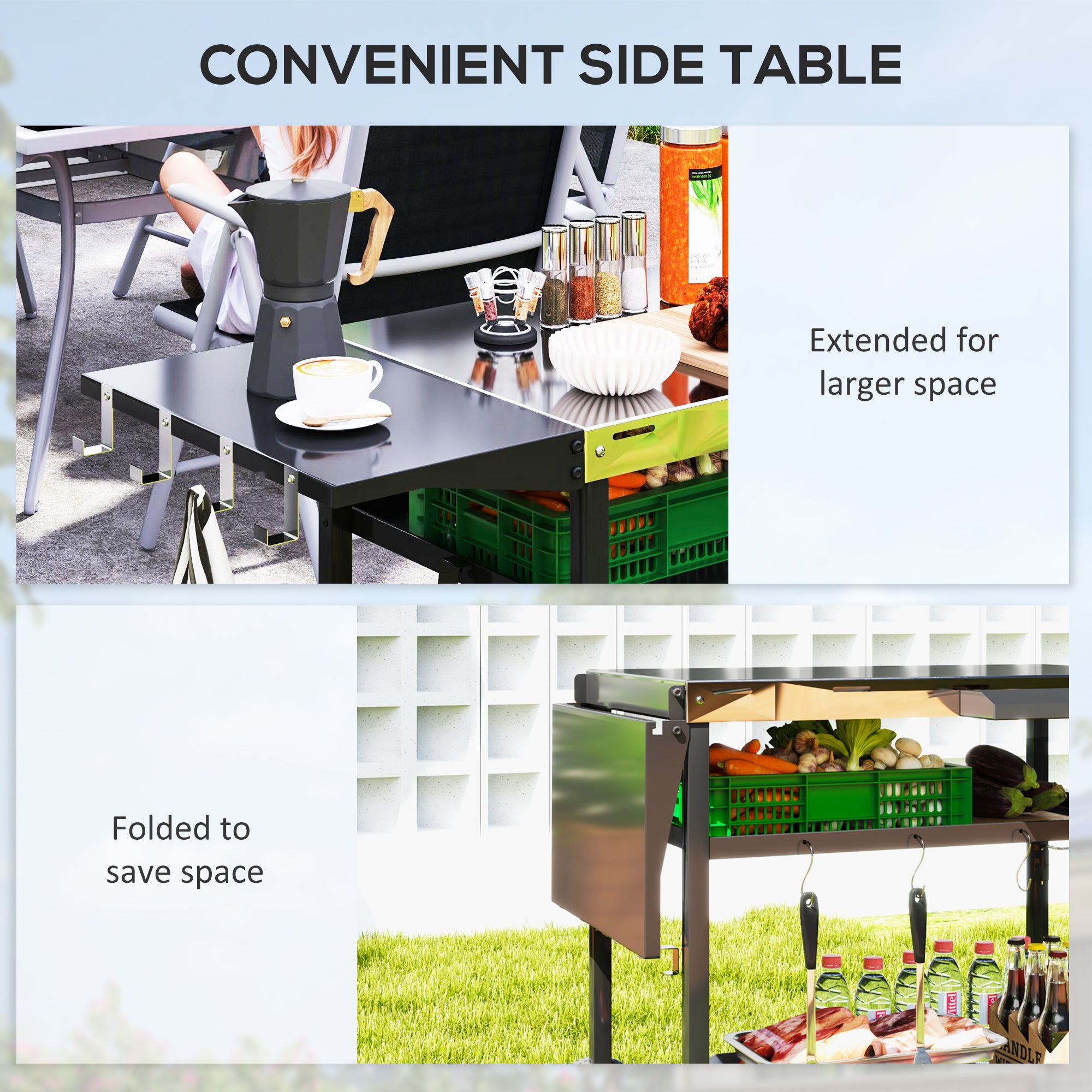 Outdoor Bar Cart Grill Table with Stainless Steel Tabletop, Wheeled Outdoor Serving Cart Prep Table with Storage, Hooks