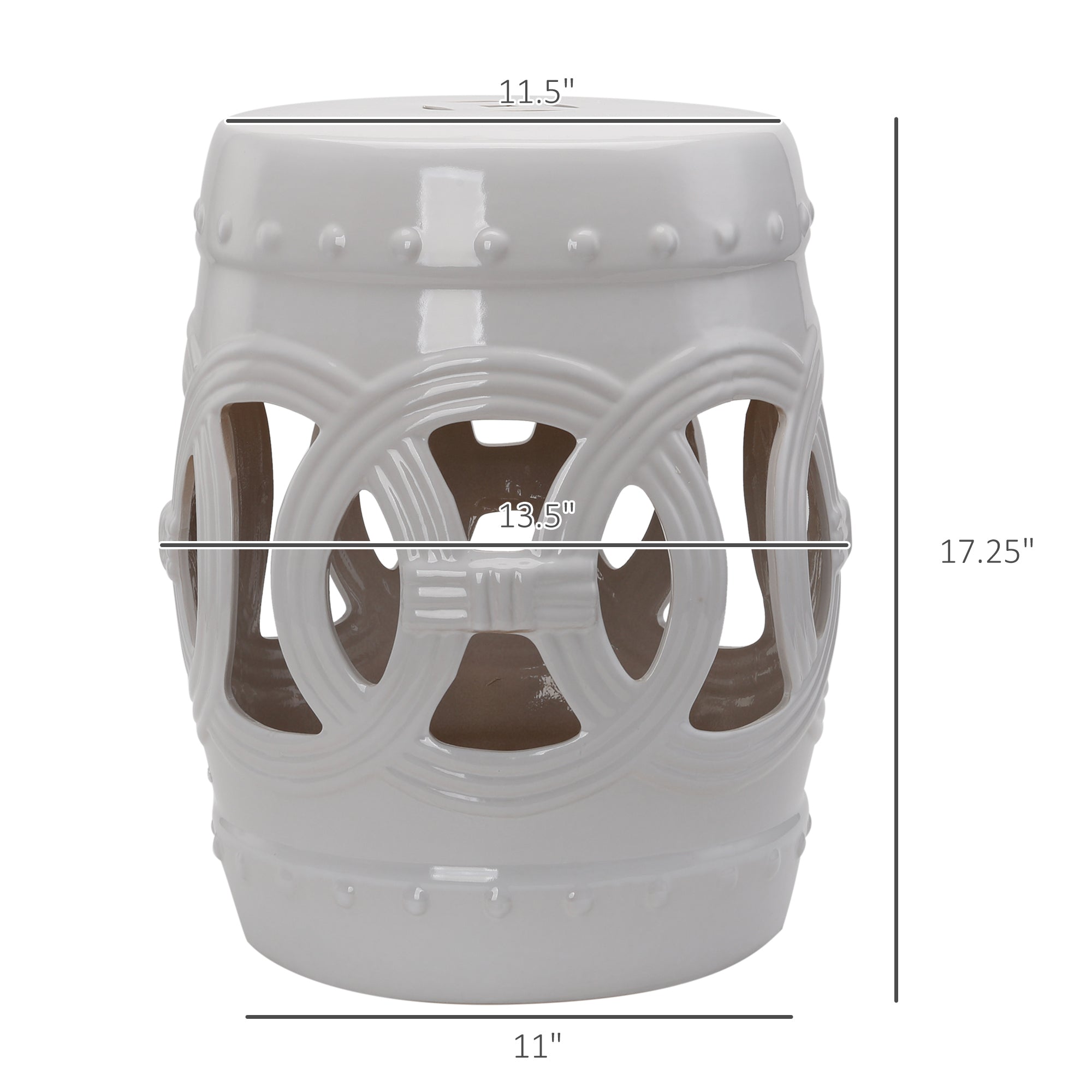 14" x 17" Ceramic Garden Stool with Double-Coin Knotted Ring Design & Strong Glazed Material, Decorative Outdoor Stool, Home Collection, White