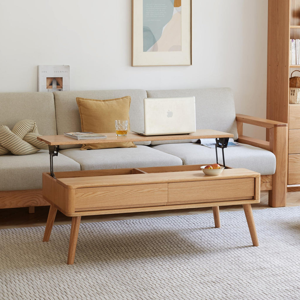 Versatile Lift-Top Coffee Table with Hidden 3-Compartment Storage, Practical Center Table with Elevating Work Surface, 39.5″ L x 23.5″ W x 17.5″ H, Natural Wood
