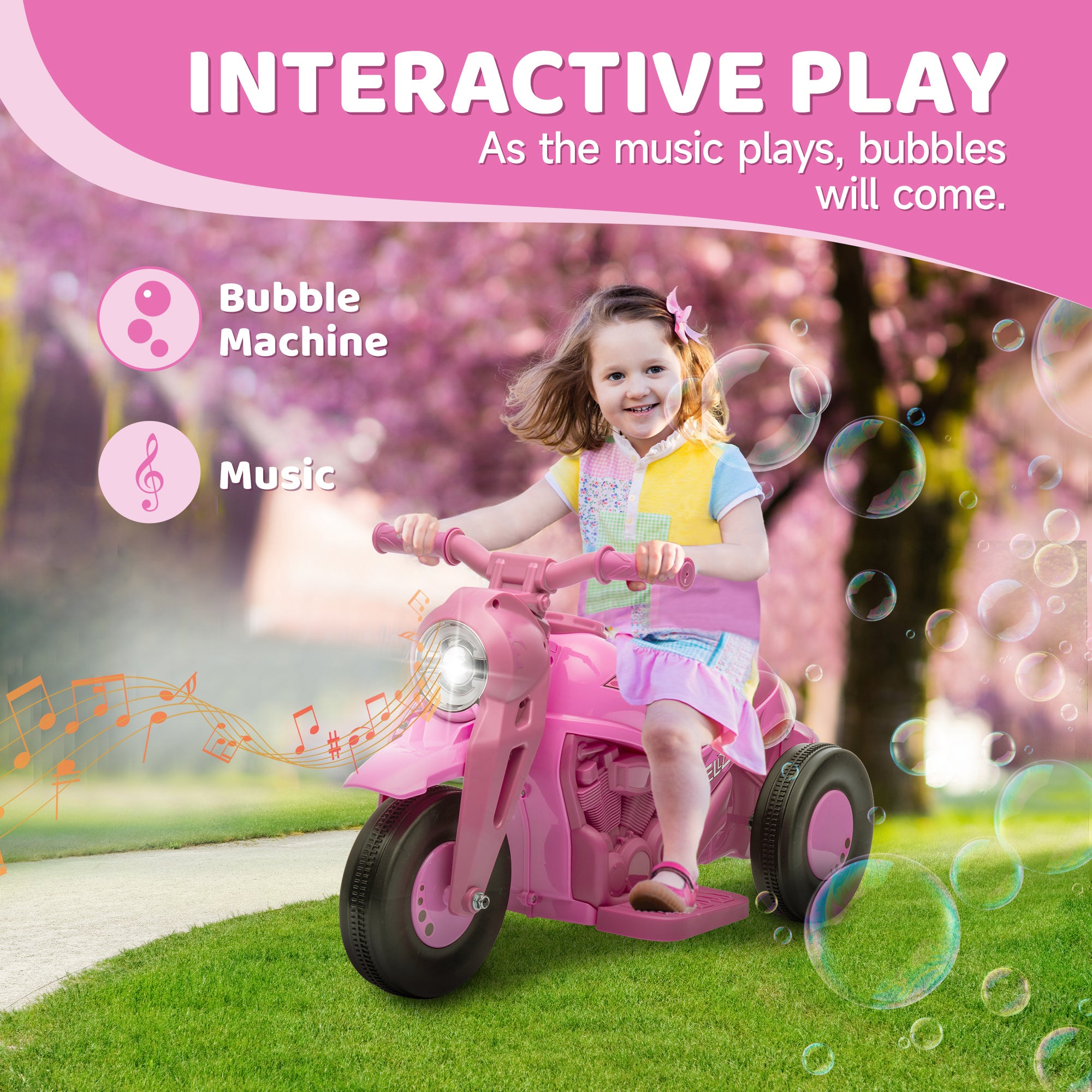 Ride On Motorcycle, 6V Ride on Bubble Car, 3 Wheeled Electric Motorcycle for Kids w/ LED Headlight, Music, Pink