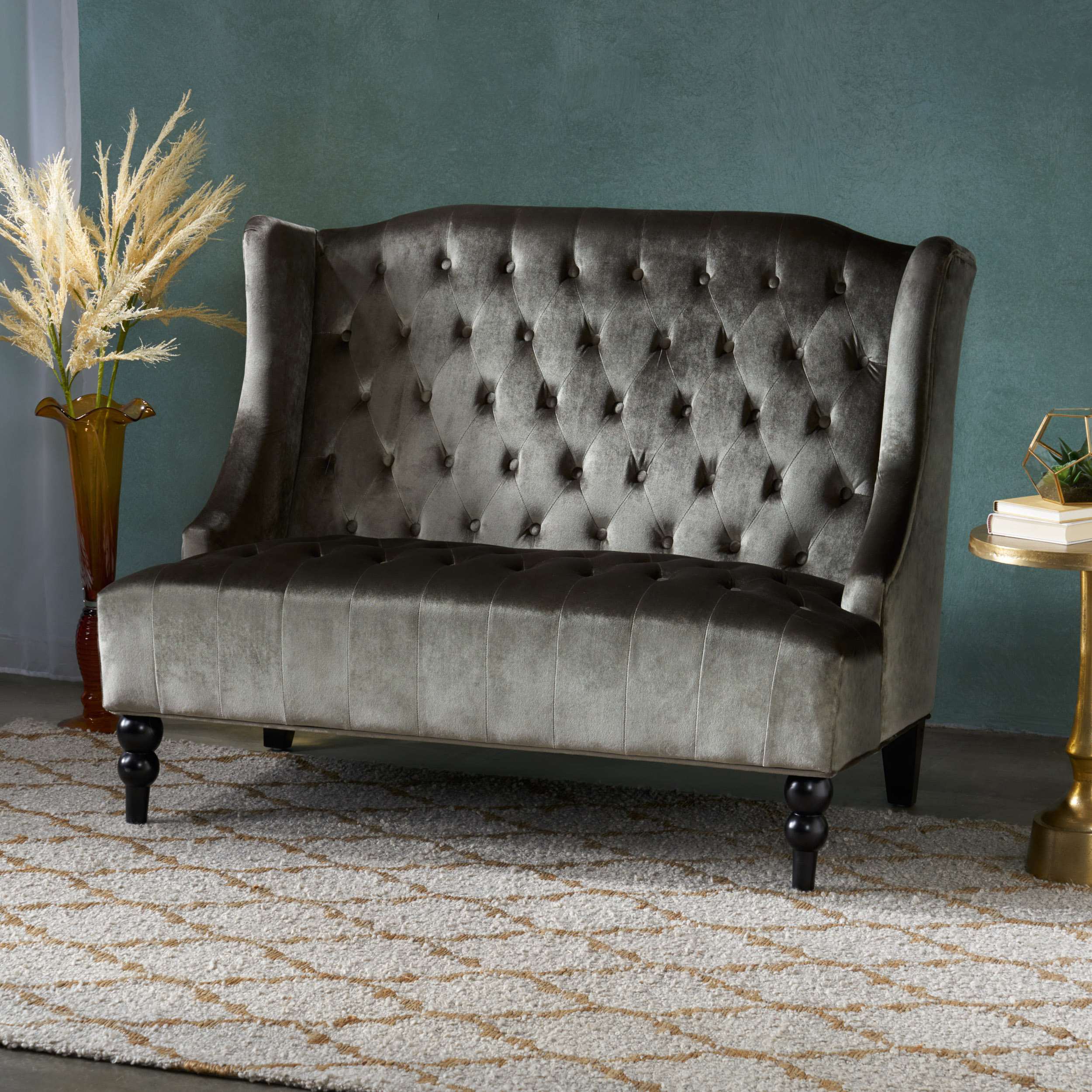 Modern Glam Loveseat Sofa with Velvet Upholstery, Wingback Design, Button-Tufted Diamond Stitch, 50.50" W x 34.00" D x 38.50" H, Gray