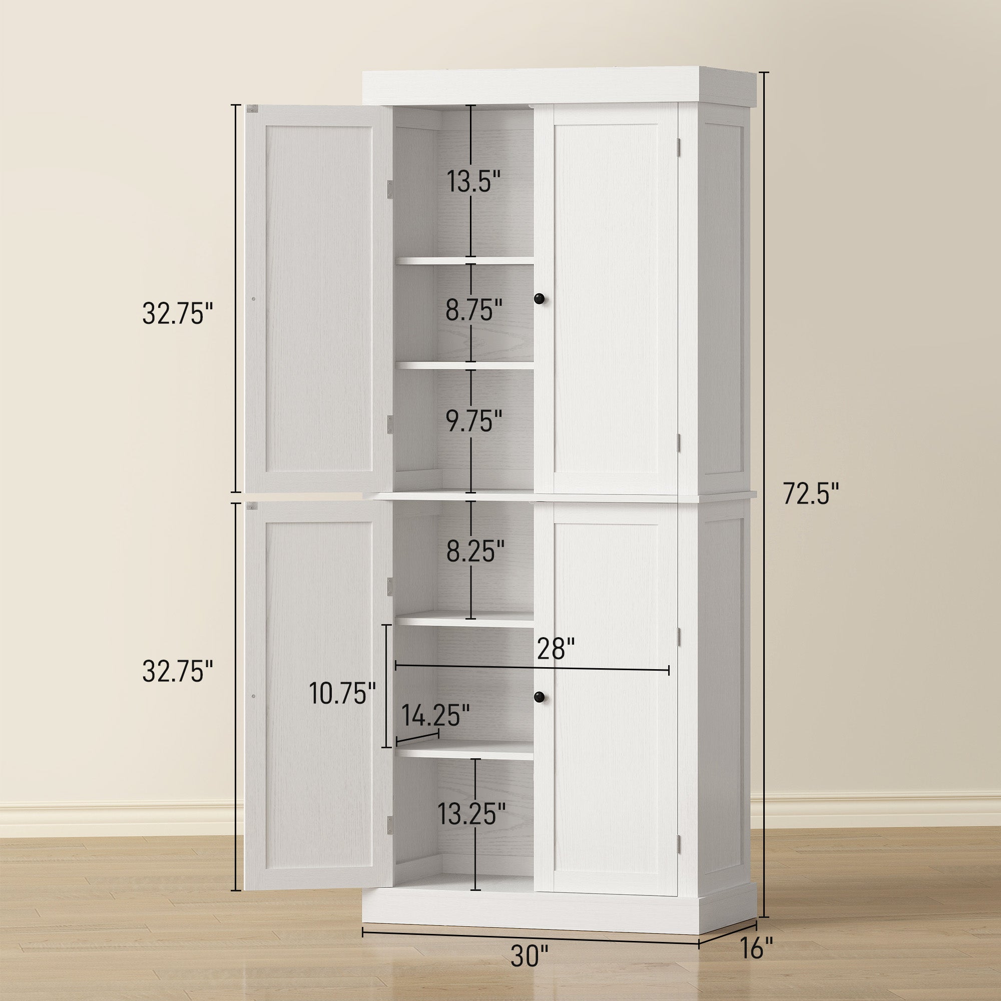 72" Kitchen Cabinet, Pantry Storage Cabinet with Doors and Shelves, Freestanding Food Pantry Cabinet, White Wood Grain
