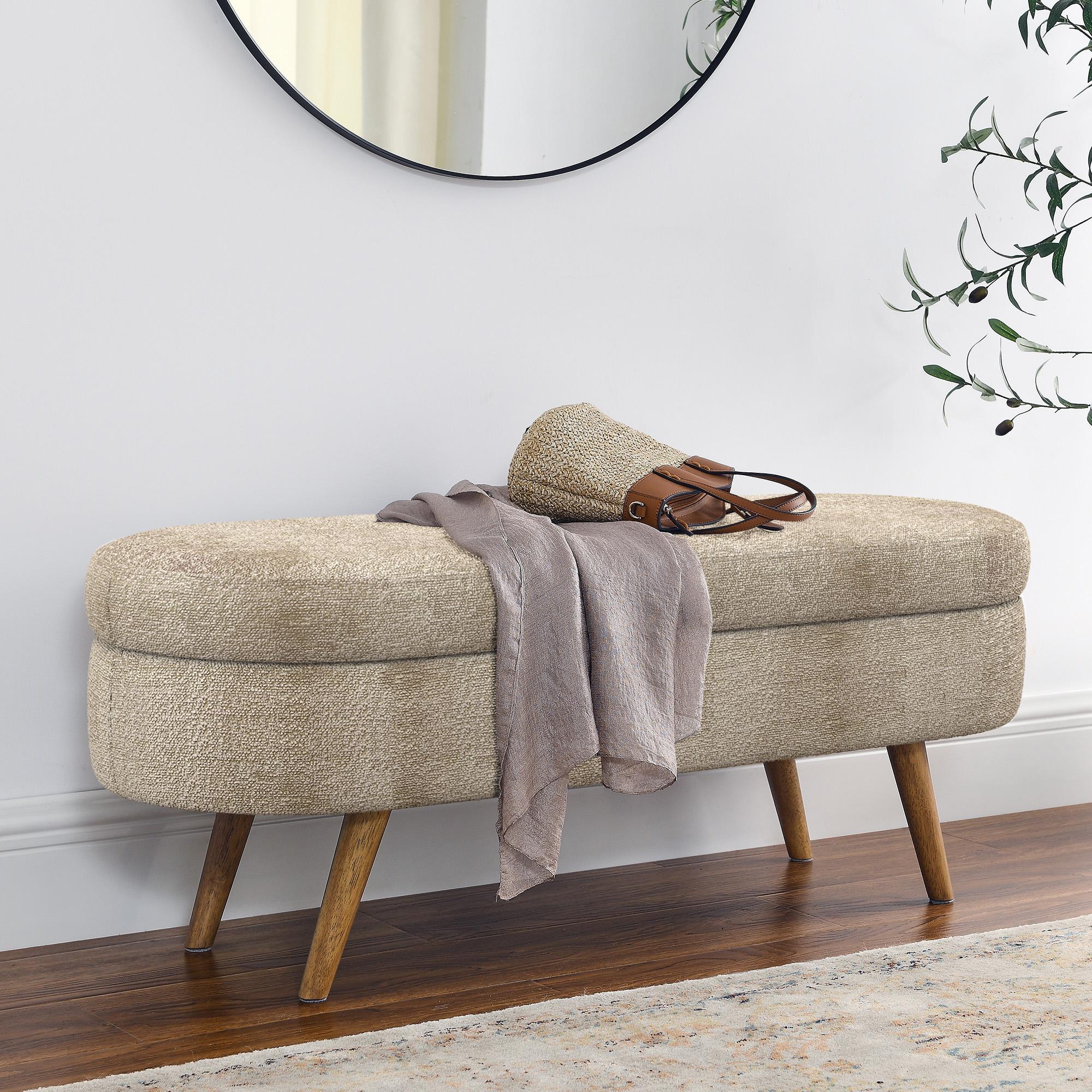 Oval Storage Ottoman Bench with Foam Cushion and Sturdy Rubberwood Legs, Multi-Use Footstool for Bedroom, 43.5" L x 16" W x 16" H, Brown