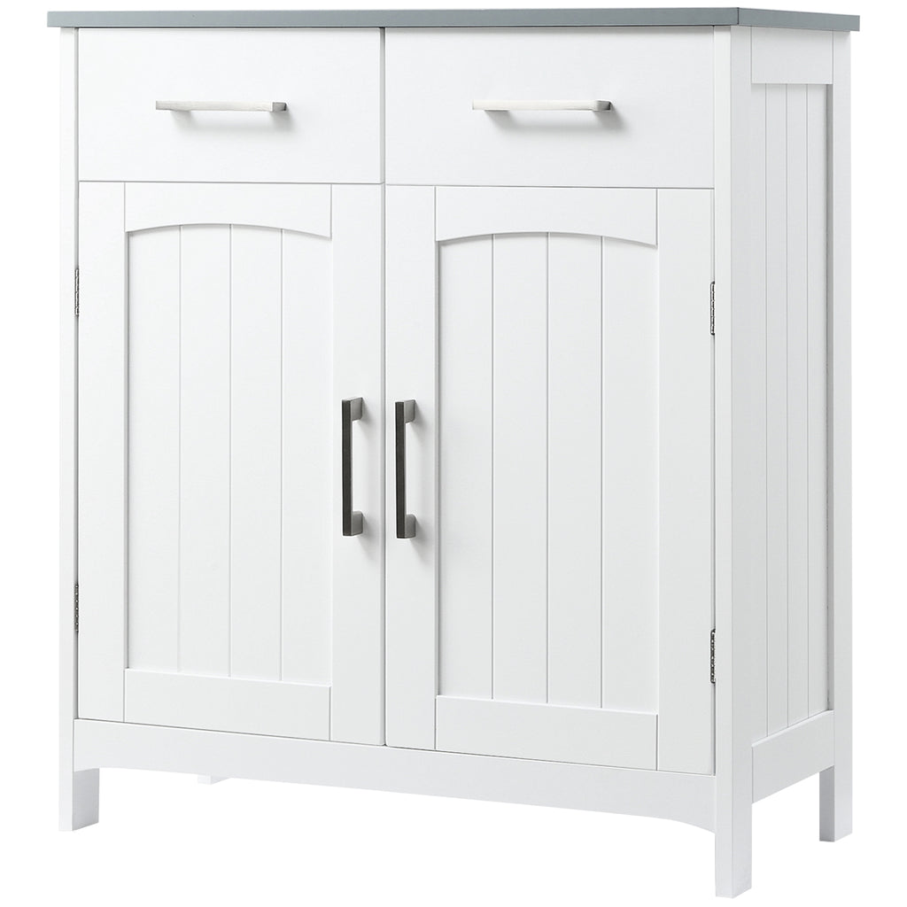 Bathroom Floor Cabinet, Freestanding Linen Cabinet, Storage Cabinet with 2 Drawers, Double Doors, Adjustable Shelf, White