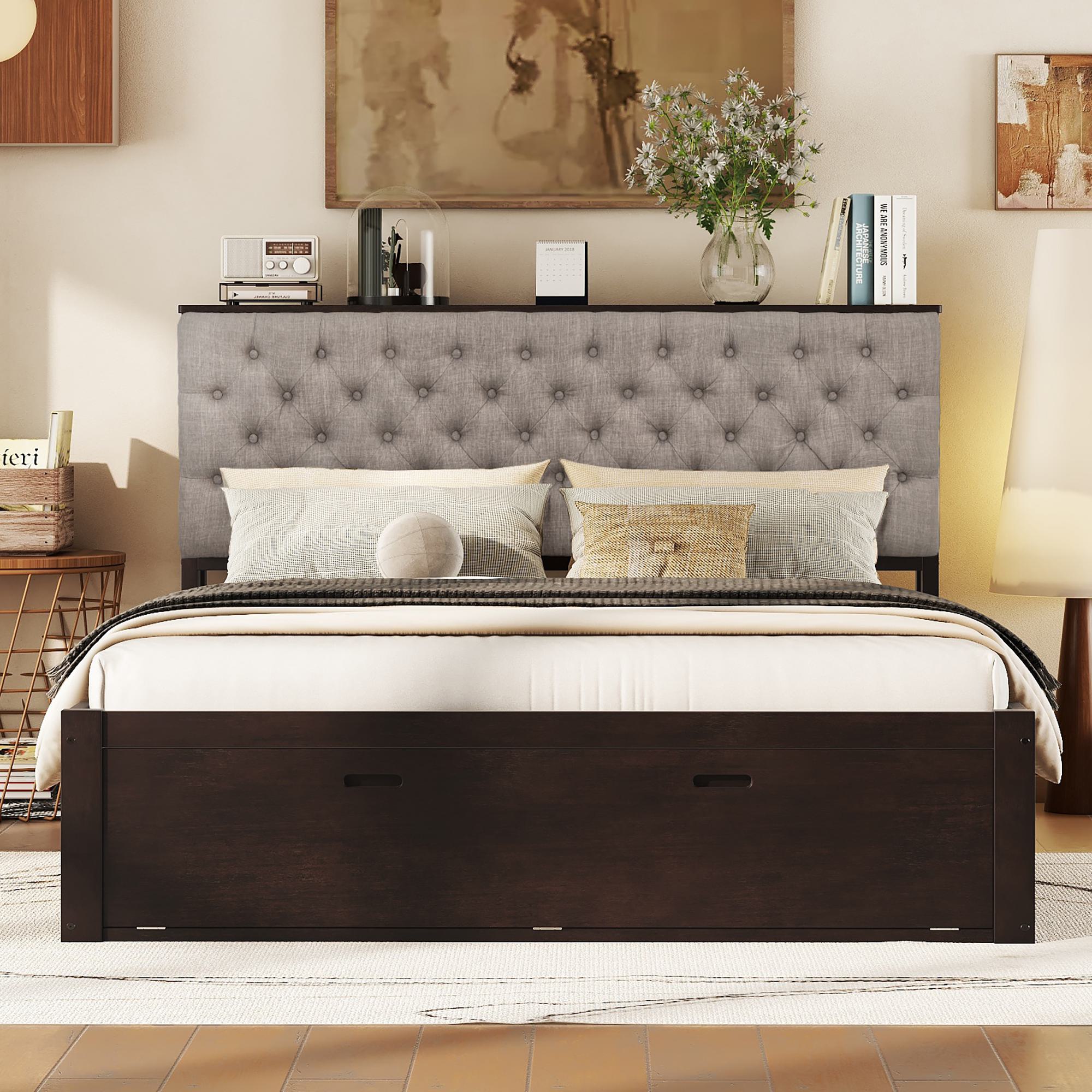 Wood Queen Size Platform Bed with Storage Headboard, Shoe Rack, and 4 Drawers, 90.5" L x 63" W x 43" H, Espresso