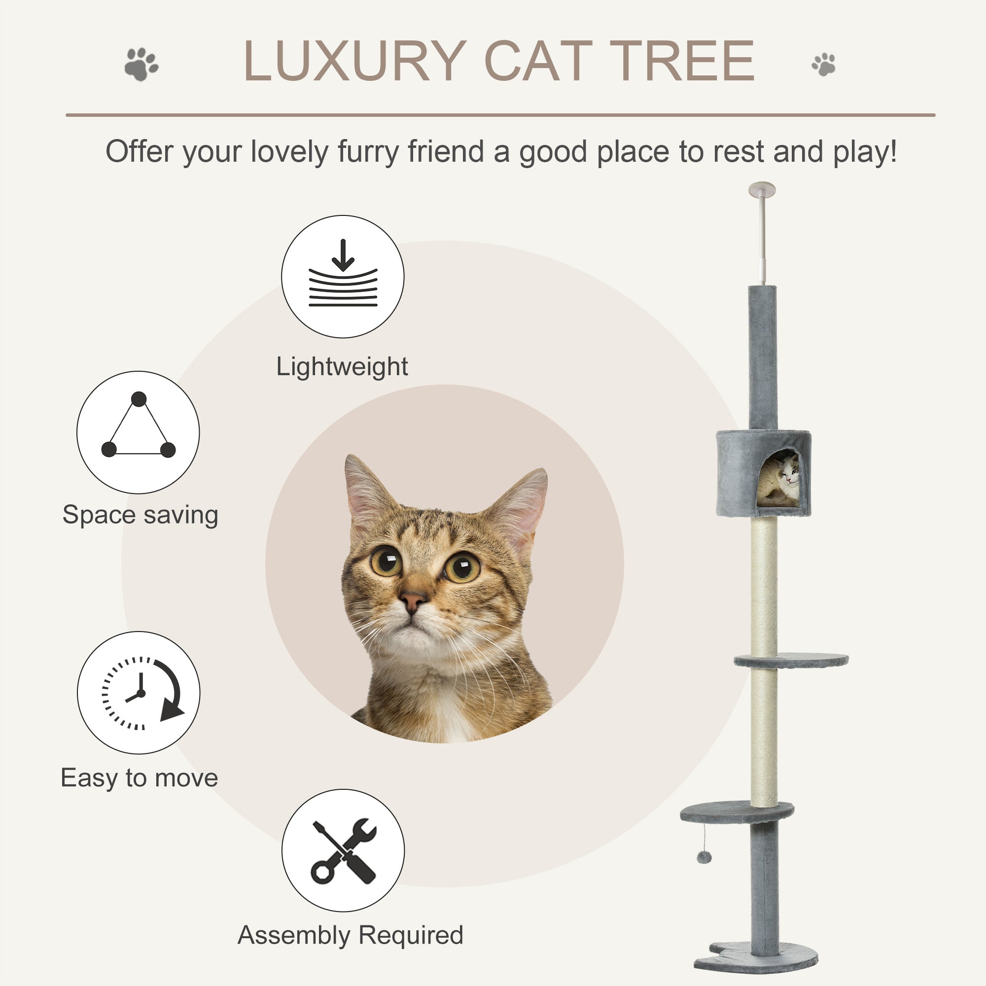 100" Cat Tree Height Adjustable Floor-to-Ceiling 4-Tier Kitty Climbing Activity Center Condo Cat Toy with Scratching Post Hanging Balls Play Rest Post Pet Furniture Grey