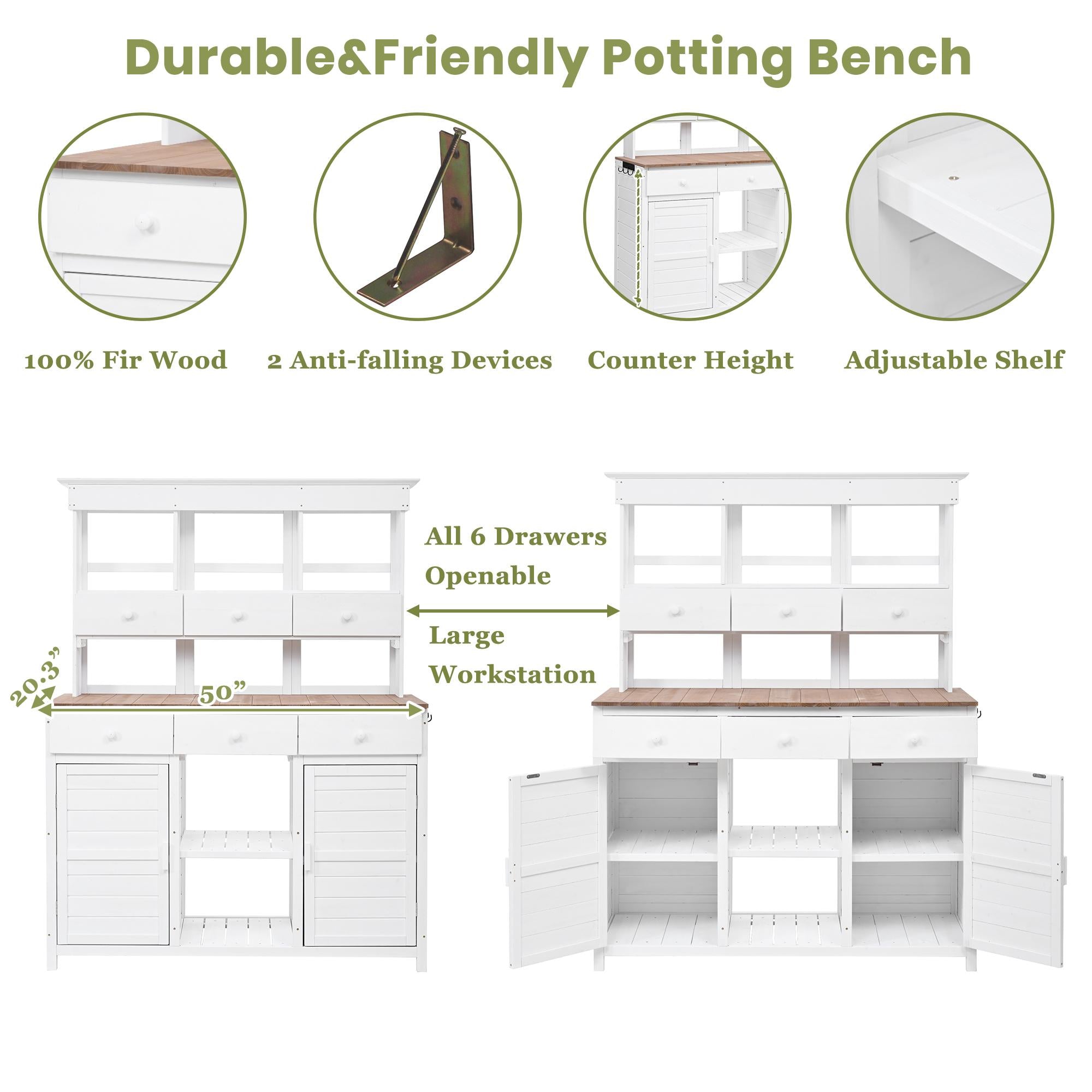 Garden Potting Bench with Hutch, 6 Drawer & 2 Cabinet, Tall Wood Workstation with 3 Shelf & Side Hooks, 50'' L x 20.5'' W x 65.5'' H, White