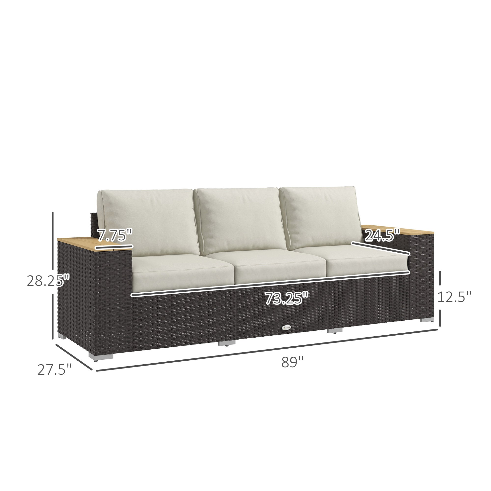 3-Seat Outdoor Patio Sofa, PE Wicker Outdoor Couch with Extra Wide Deep Seat, Wide Armrests 4" Cushions, Beige