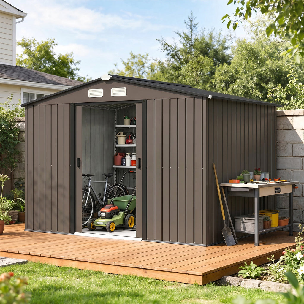 Outdoor Shed Garden Storage Shed Tool Storage Building with 4 Vents and 2 Sliding Doors, 9 x 6 FT, Brown