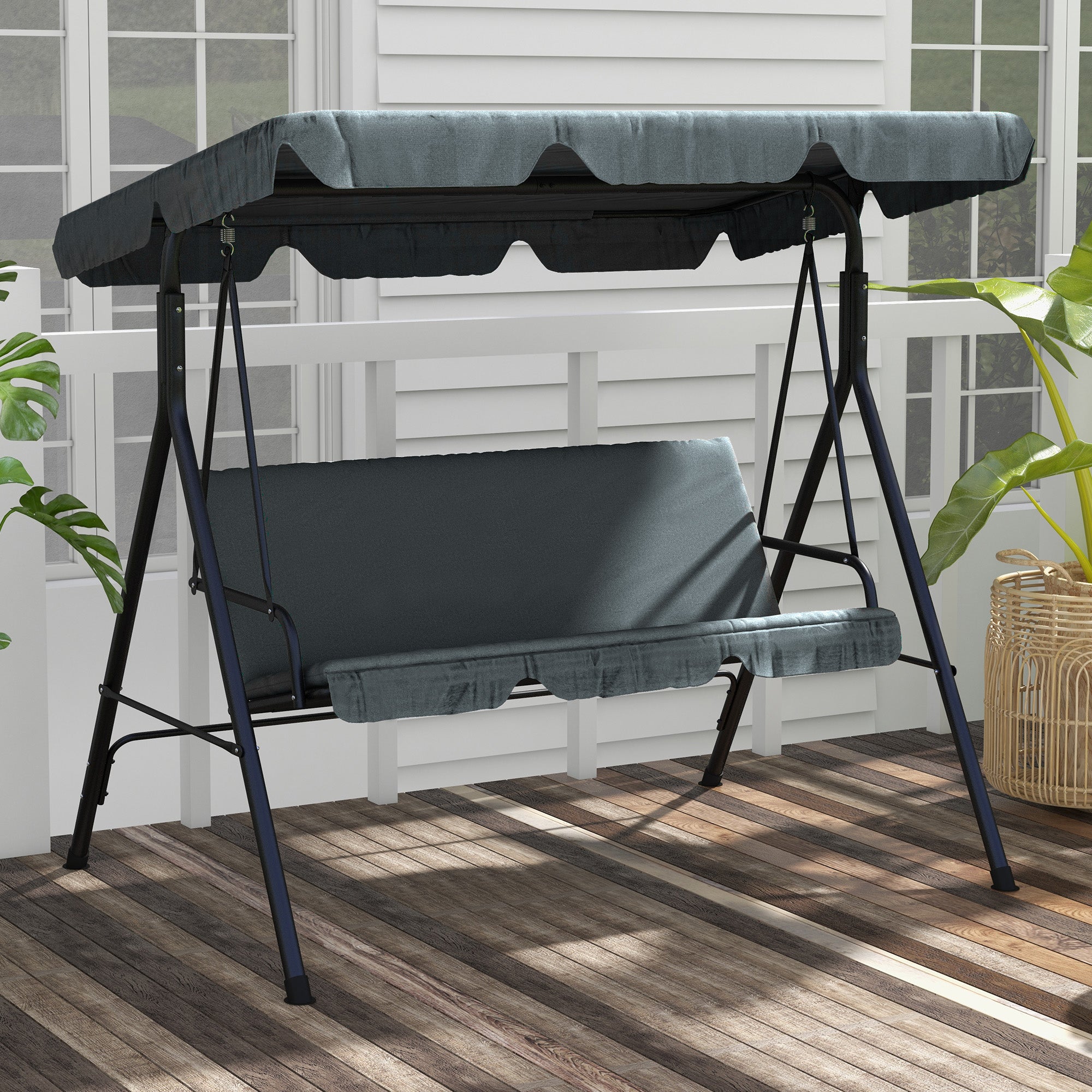 3-Seat Outdoor Patio Swing Chair w/ Cushion, Steel Frame Stand, Adjustable Tilt Canopy for Patio, Garden, Gray